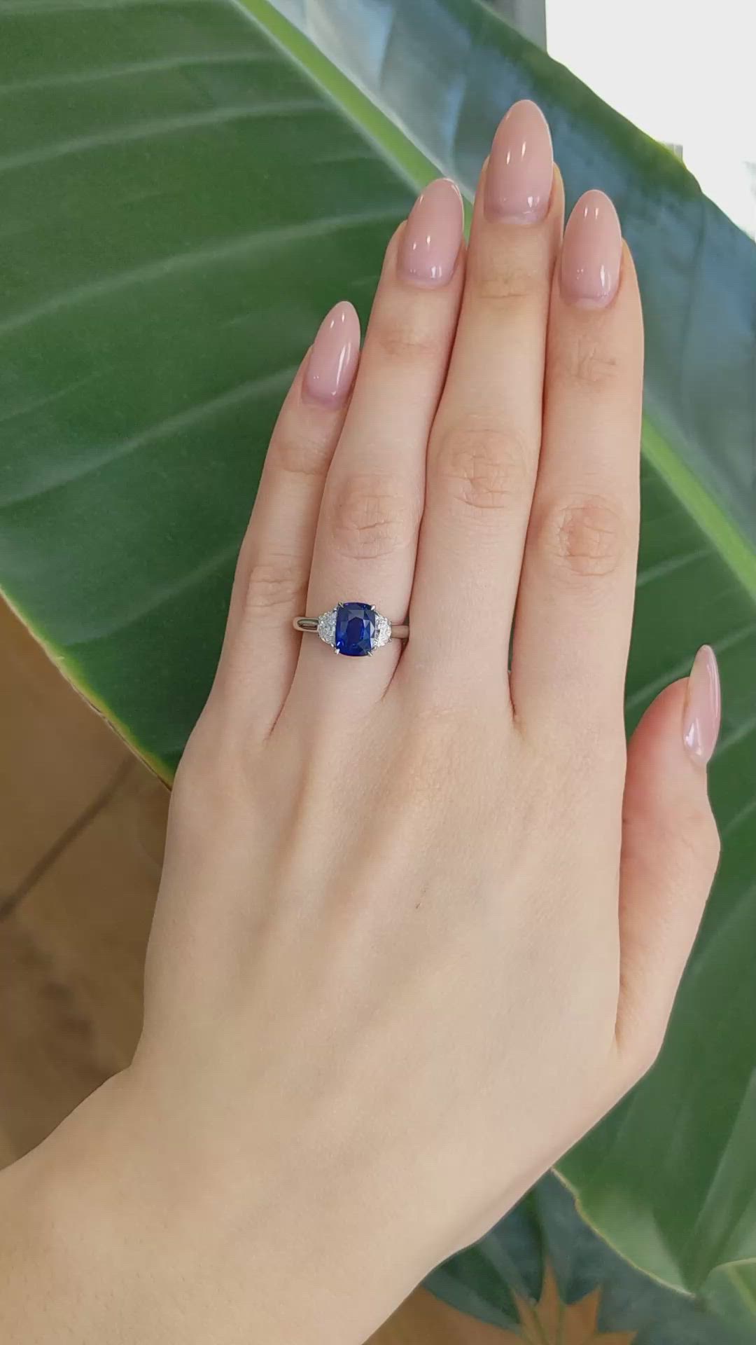 2.51 Ct. Blue Sapphire and Natural Diamond Three Stone Ring, 18K White Gold Size Video