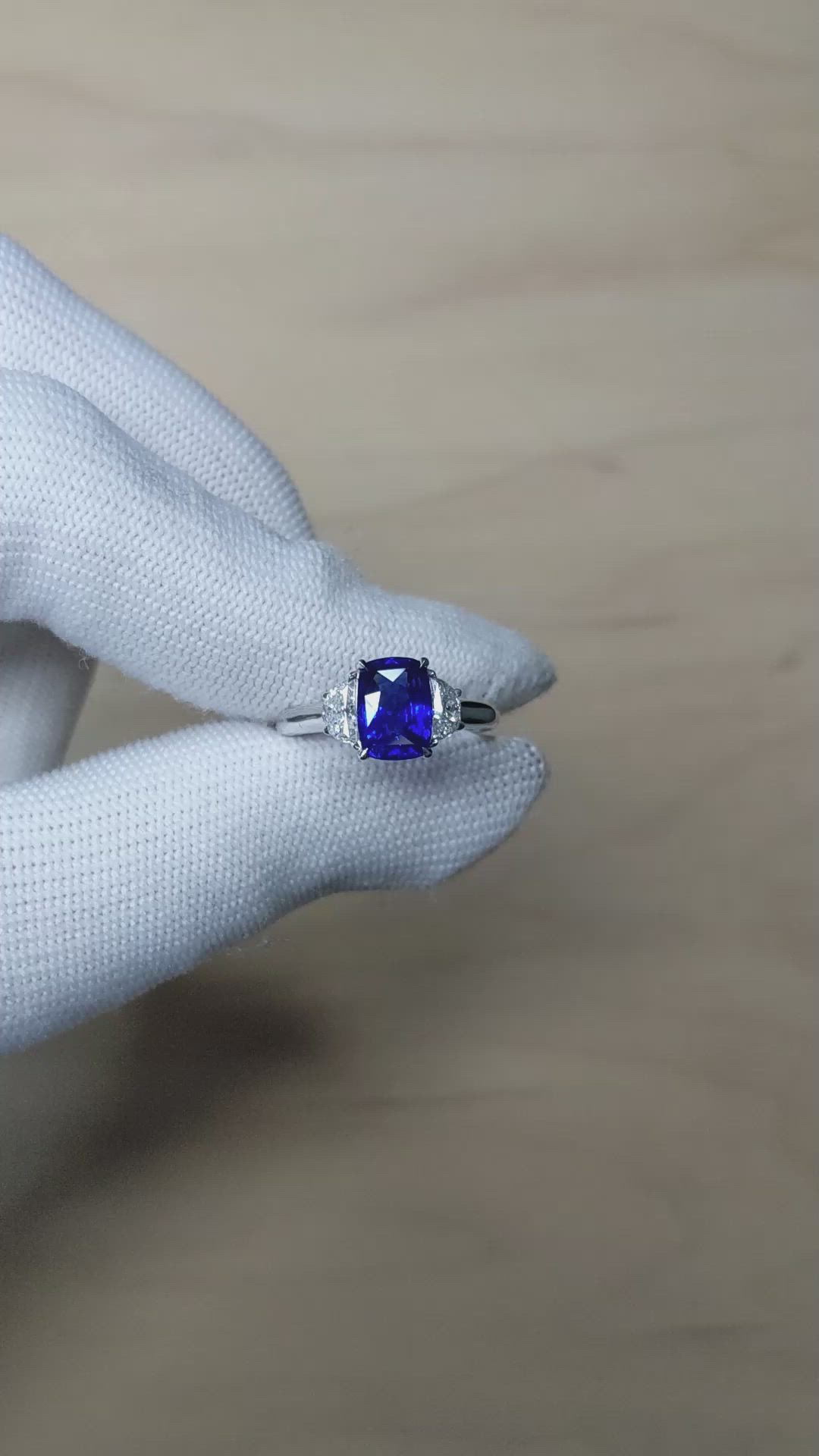 2.51 Ct. Blue Sapphire and Natural Diamond Three Stone Ring, 18K White Gold Size Video