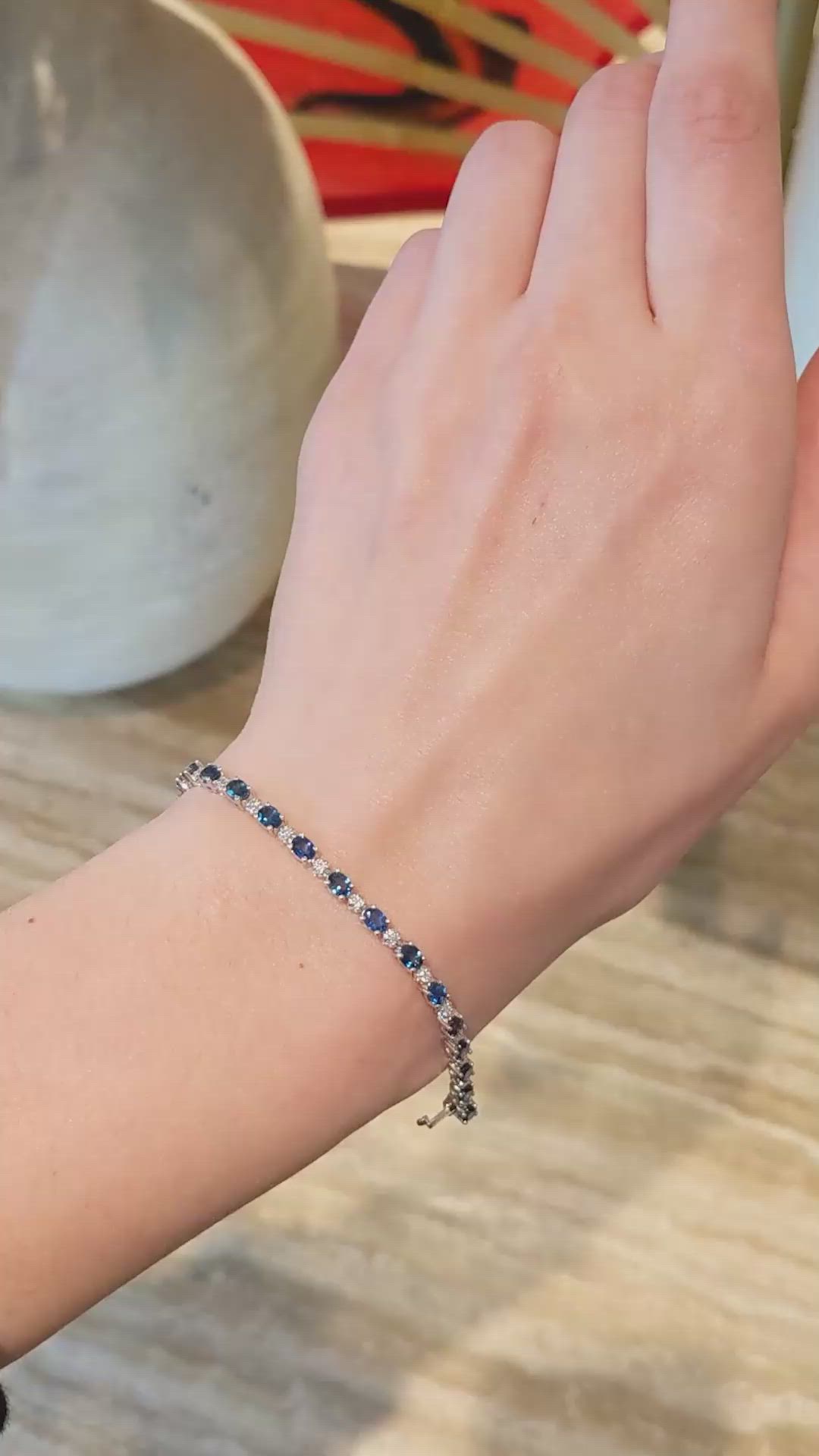 6.05&nbsp;Ct.Tw.Total Carat Weight Blue Sapphire and Natural Diamond Pave Bracelet, 14K White Gold Size Video