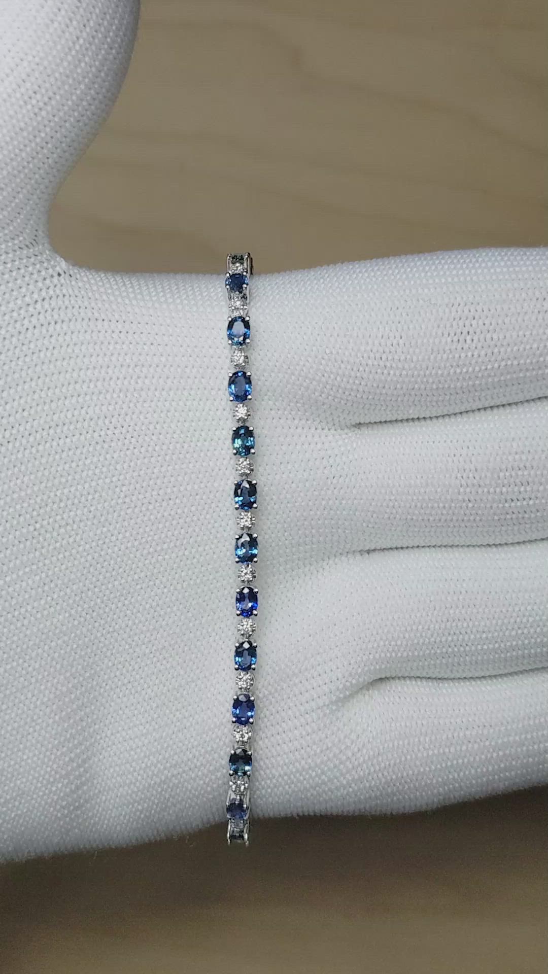 6.05&nbsp;Ct.Tw.Total Carat Weight Blue Sapphire and Natural Diamond Pave Bracelet, 14K White Gold Size Video