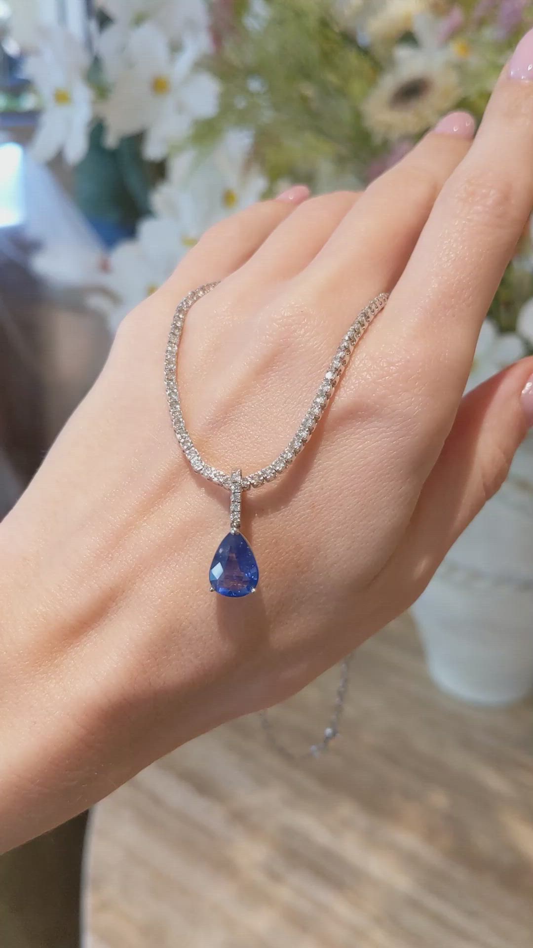 3.45 Ct. Blue Sapphire and Natural Diamond Pave Pendant, 14K White Gold Size Video