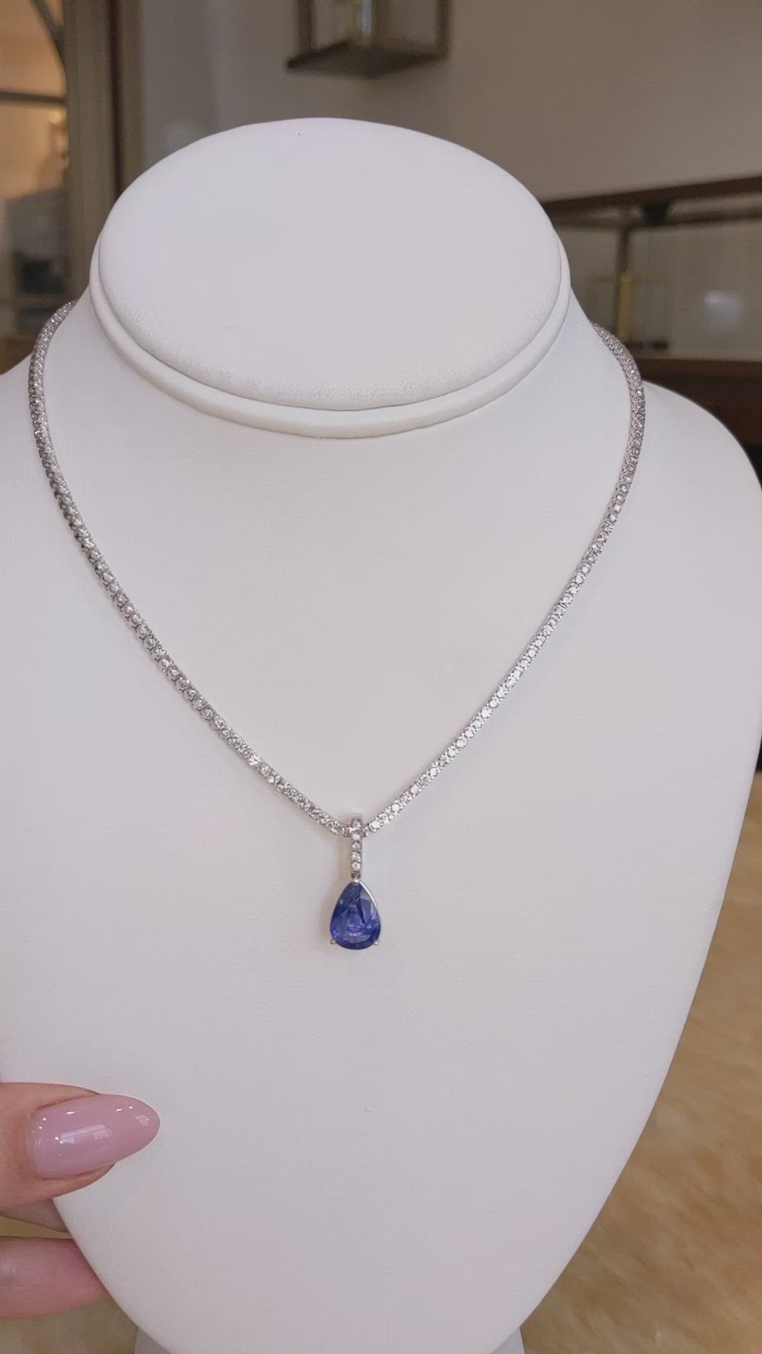 3.45 Ct. Blue Sapphire and Natural Diamond Pave Pendant, 14K White Gold Size Video