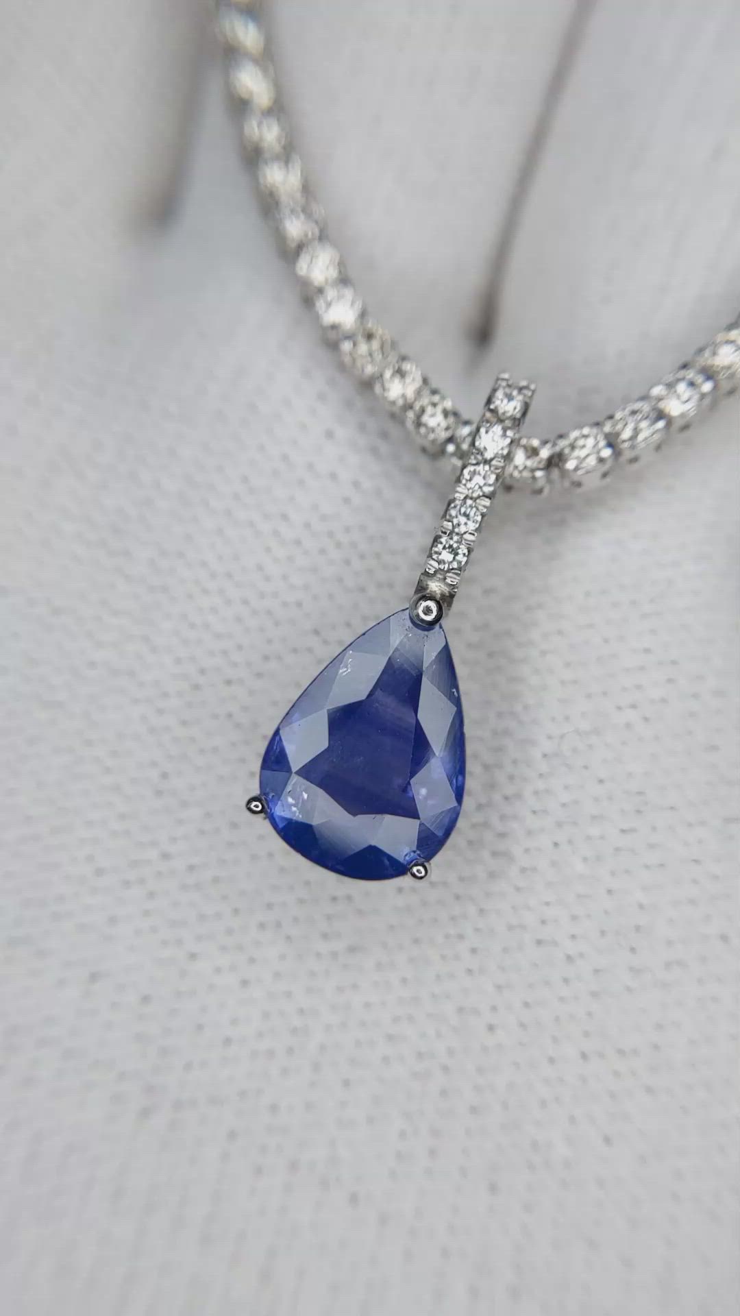 3.45 Ct. Blue Sapphire and Natural Diamond Pave Pendant, 14K White Gold Size Video