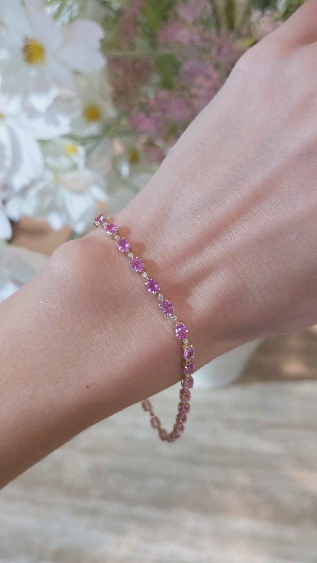 6.77&nbsp;Ct.Tw.Total Carat Weight Pink Sapphire and Natural Diamond Tennis/Line Bracelet, 14K Yellow Gold Size Video