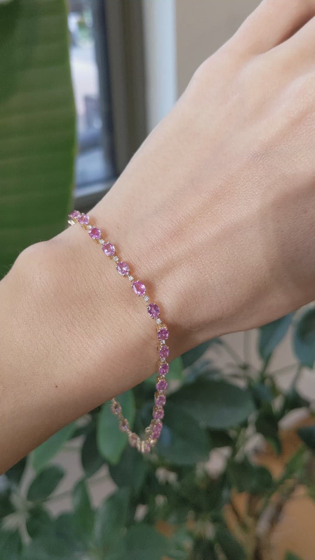 6.77&nbsp;Ct.Tw.Total Carat Weight Pink Sapphire and Natural Diamond Tennis/Line Bracelet, 14K Yellow Gold Size Video