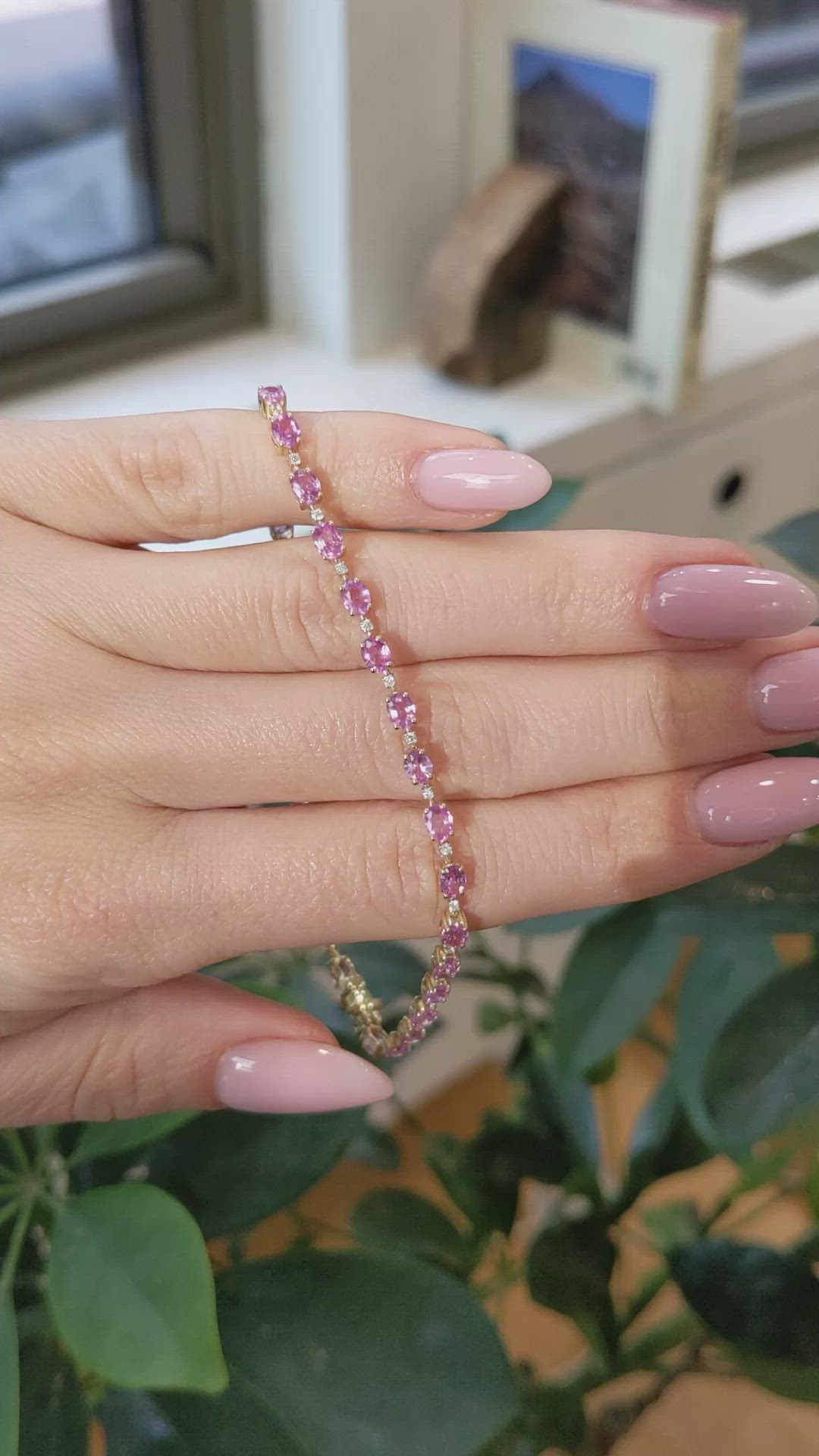 6.77&nbsp;Ct.Tw.Total Carat Weight Pink Sapphire and Natural Diamond Tennis/Line Bracelet, 14K Yellow Gold Size Video