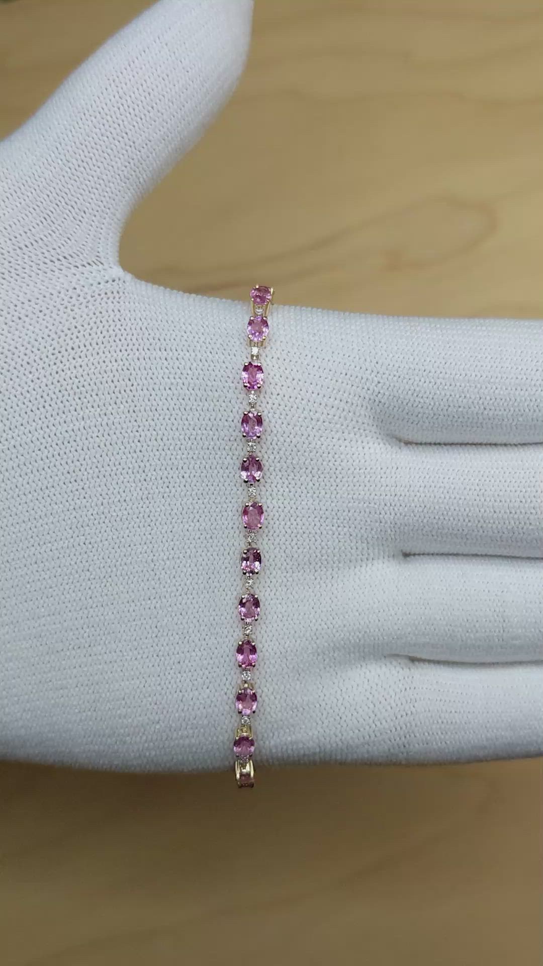 6.77&nbsp;Ct.Tw.Total Carat Weight Pink Sapphire and Natural Diamond Tennis/Line Bracelet, 14K Yellow Gold Size Video