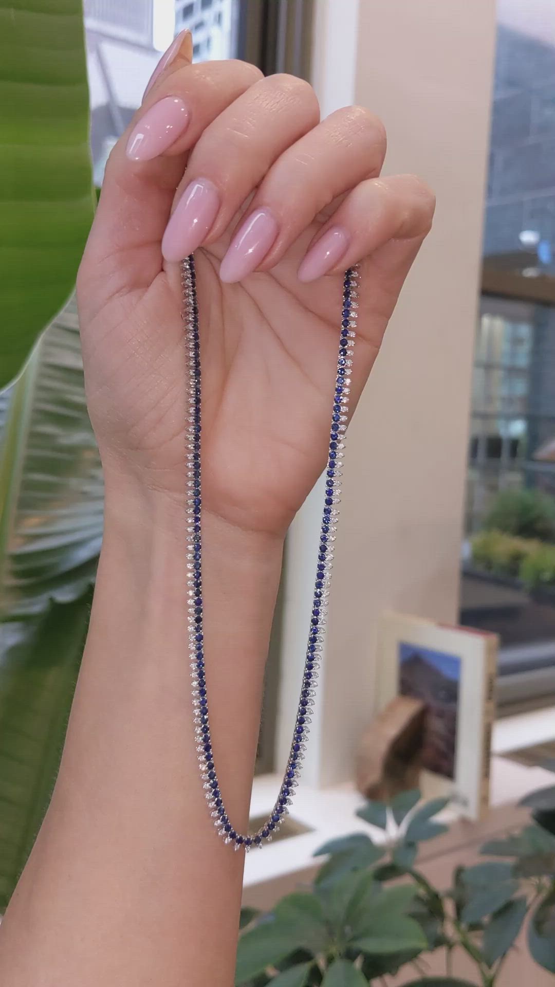 7.16 Ct. Blue Sapphire and Natural Diamond Pave Necklace, 14K White Gold Size Video