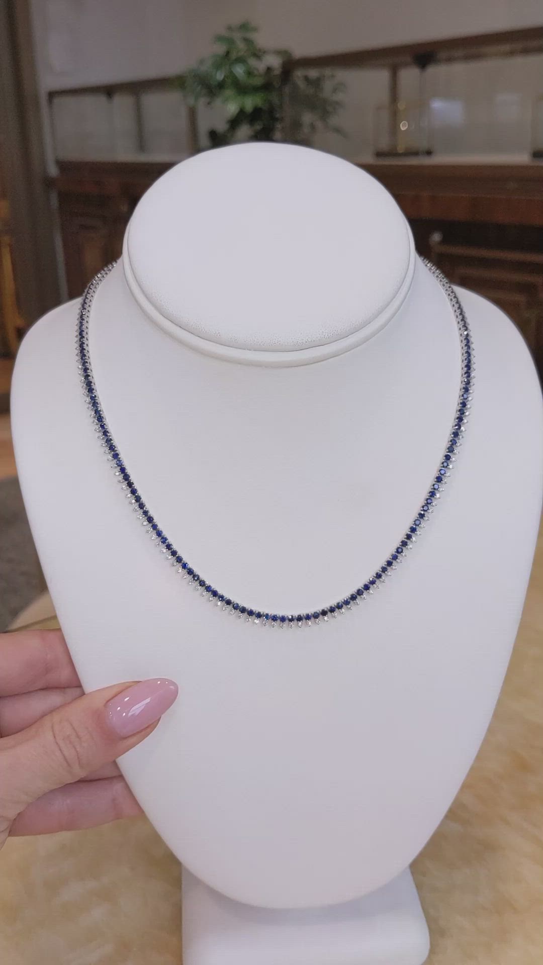 7.16 Ct. Blue Sapphire and Natural Diamond Pave Necklace, 14K White Gold Size Video