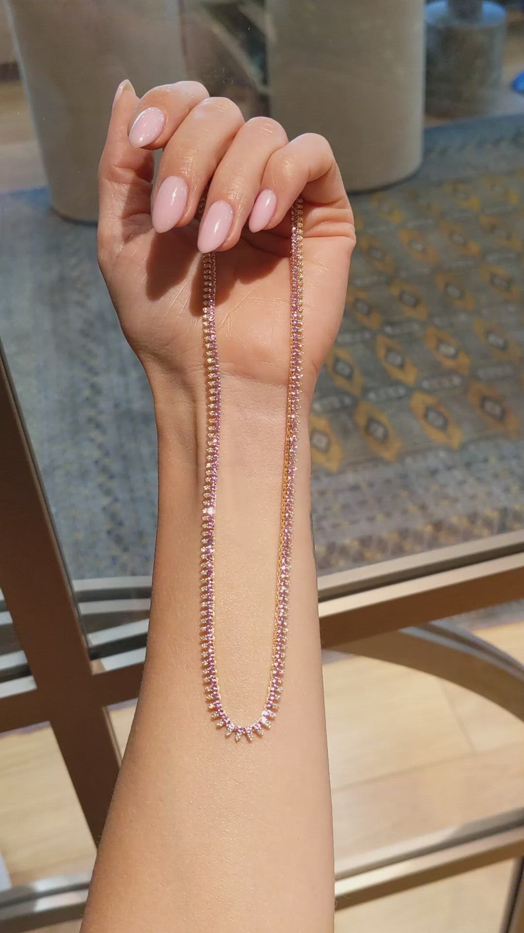 6.96 Ct. Pink Sapphire and Natural Diamond Pave Necklace, 14K Yellow Gold Size Video
