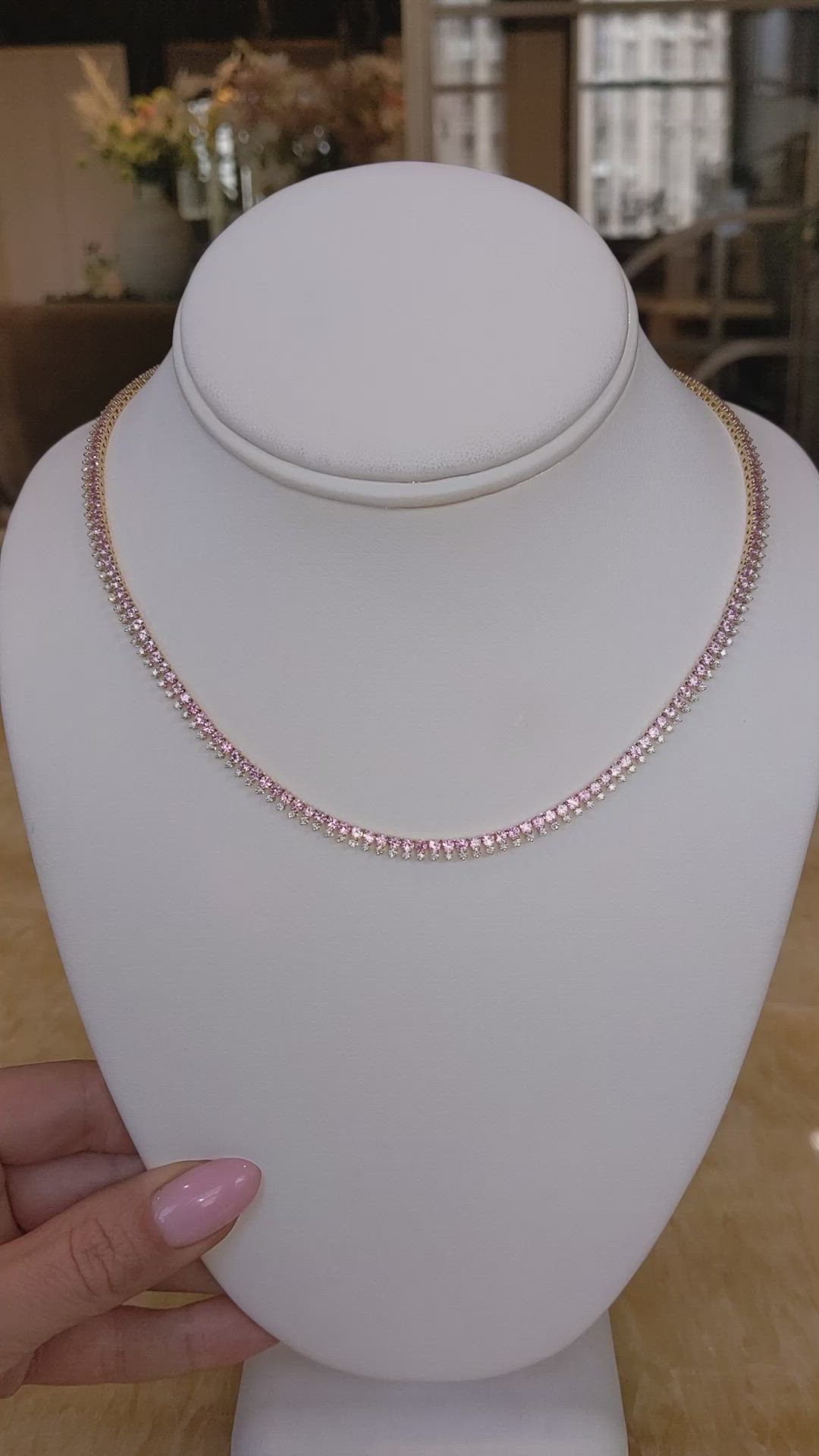 6.96 Ct. Pink Sapphire and Natural Diamond Pave Necklace, 14K Yellow Gold Size Video