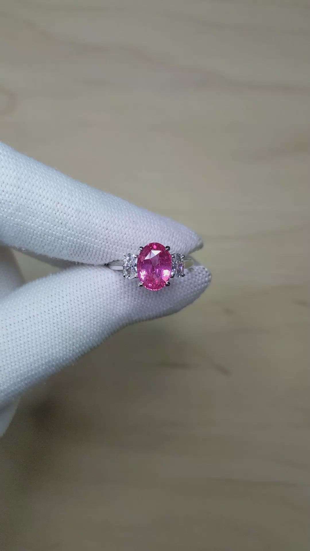3.01 Ct. Pink Sapphire and Natural Diamond Three Stone Ring, Platinum 950 Size Video