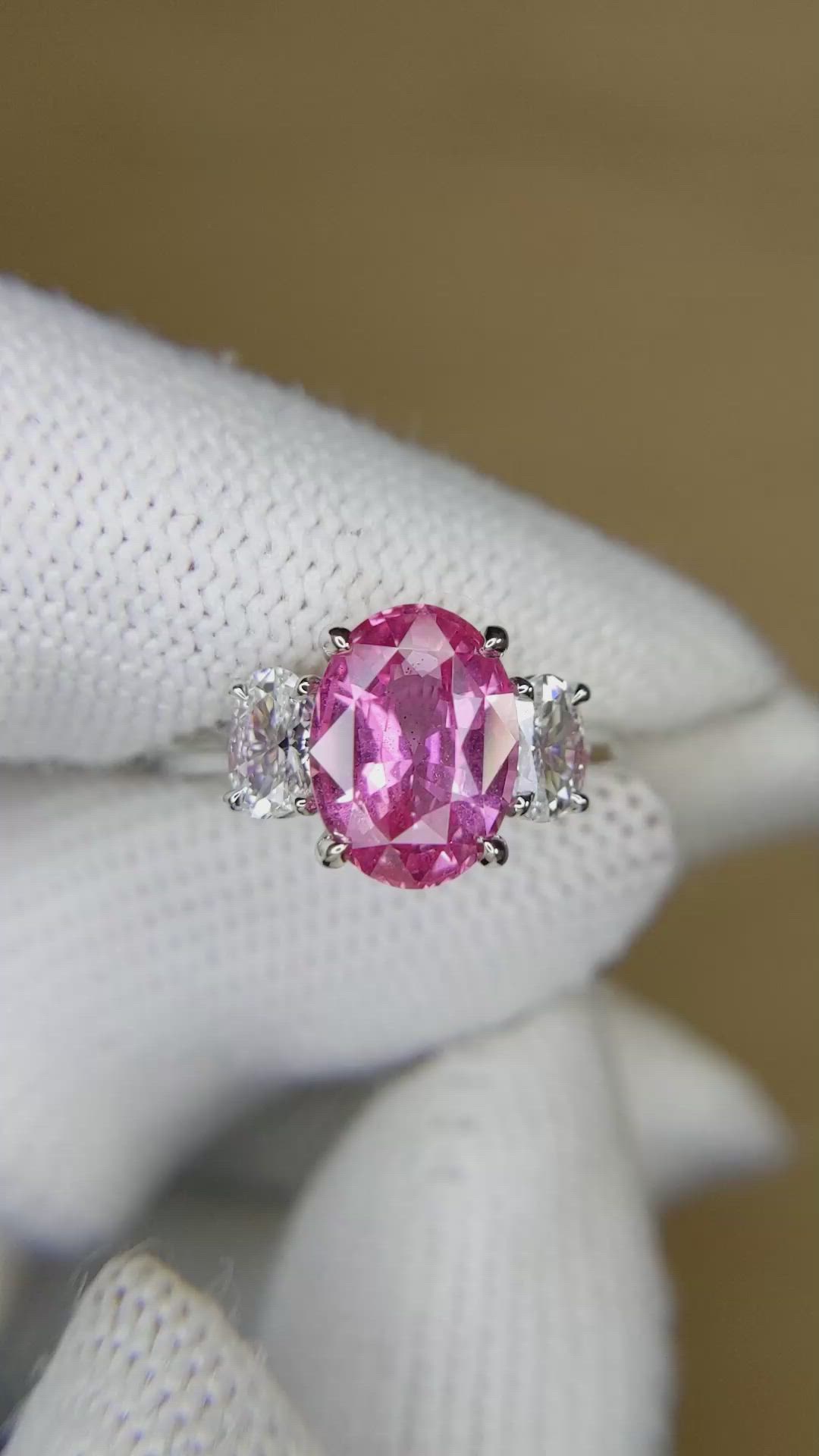 3.01 Ct. Pink Sapphire and Natural Diamond Three Stone Ring, Platinum 950 Size Video