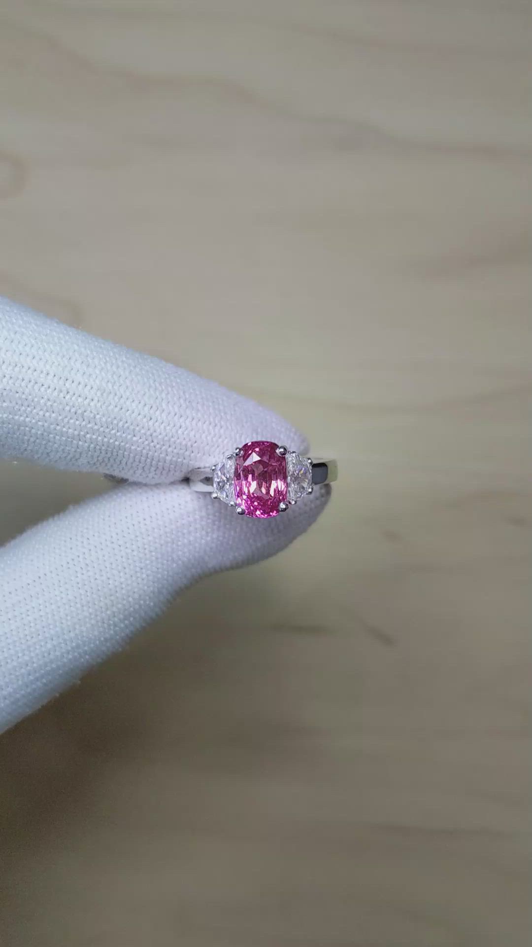 4.07 Ct. Pink Sapphire and Natural Diamond Three Stone Ring, 18K White Gold Size Video