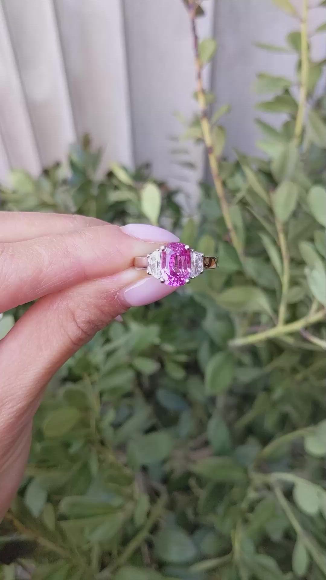 4.07 Ct. Pink Sapphire and Natural Diamond Three Stone Ring, 18K White Gold Size Video