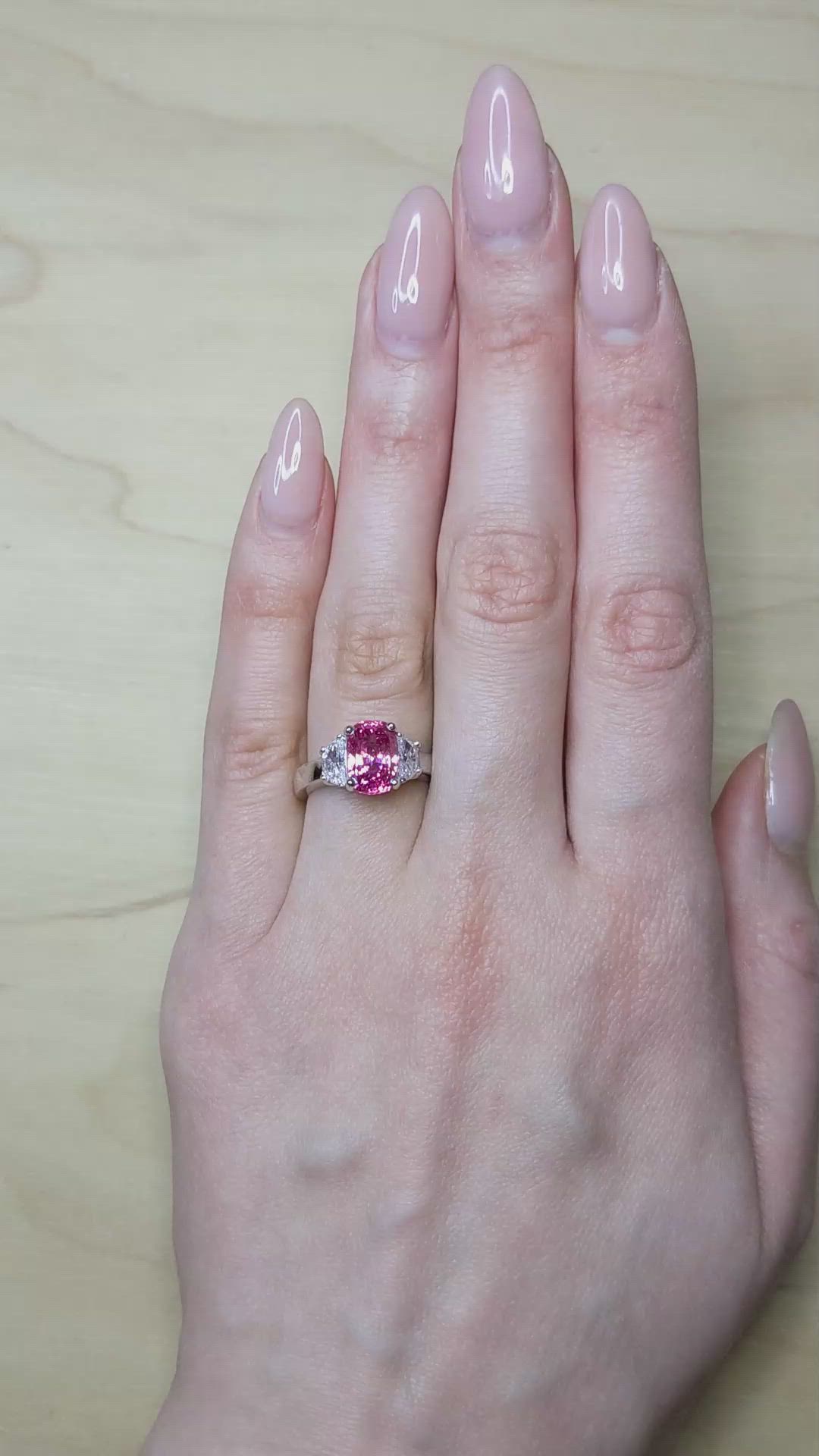 4.07 Ct. Pink Sapphire and Natural Diamond Three Stone Ring, 18K White Gold Size Video