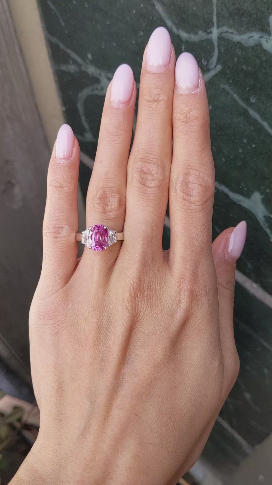 4.07 Ct. Pink Sapphire and Natural Diamond Three Stone Ring, 18K White Gold Size Video