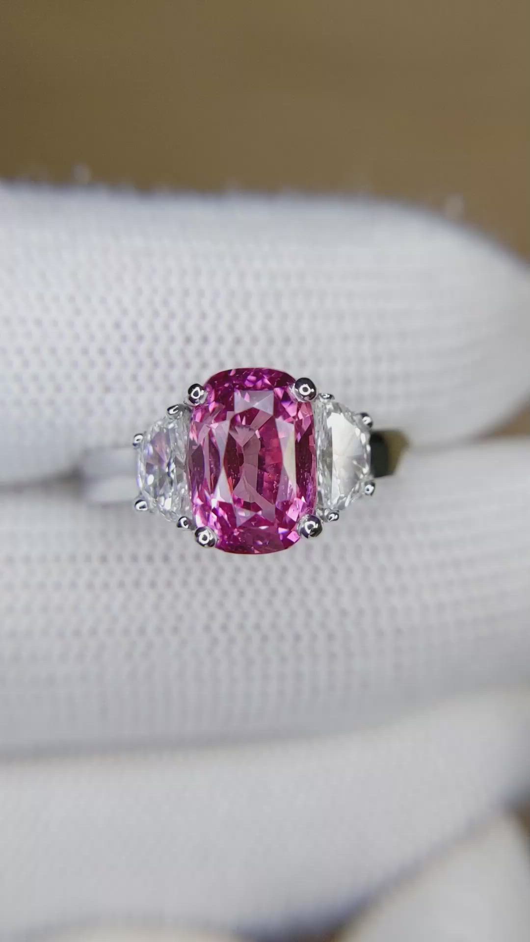 4.07 Ct. Pink Sapphire and Natural Diamond Three Stone Ring, 18K White Gold Size Video