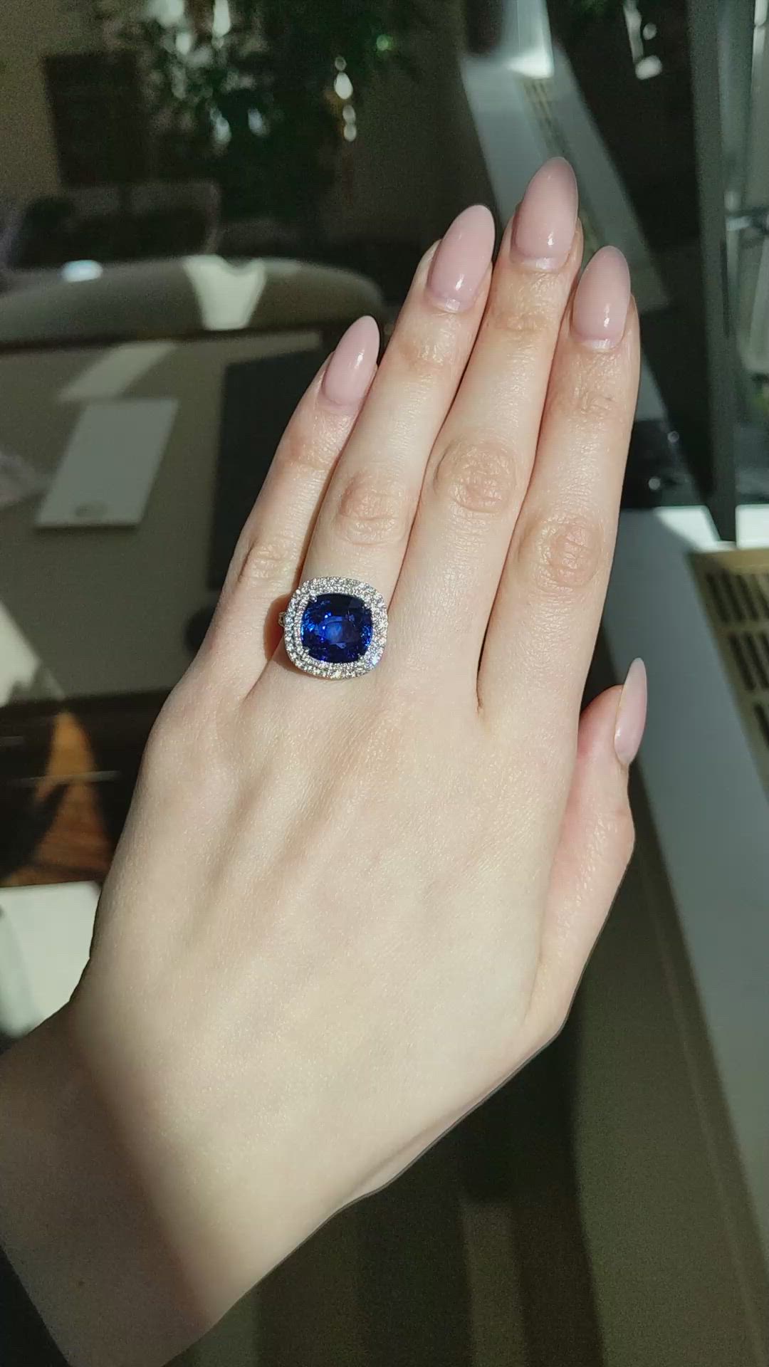 8.95 Ct. Blue Sapphire and Natural Diamond Pave Ring, Platinum 950 Size Video