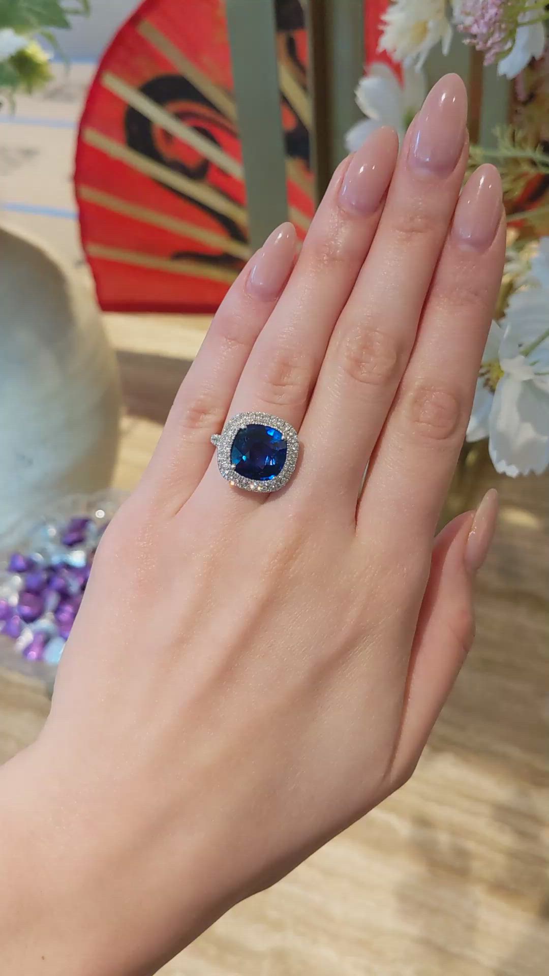 8.95 Ct. Blue Sapphire and Natural Diamond Pave Ring, Platinum 950 Size Video