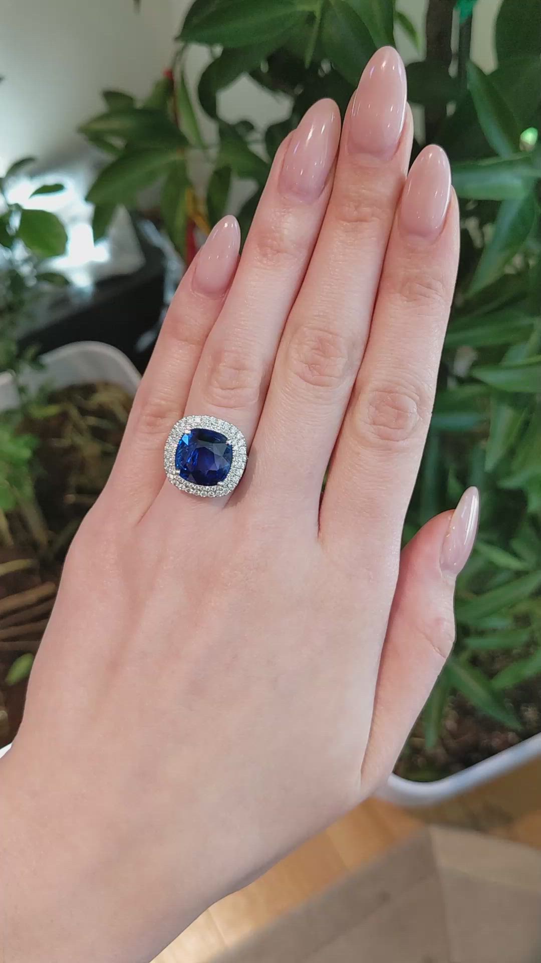 8.95 Ct. Blue Sapphire and Natural Diamond Pave Ring, Platinum 950 Size Video