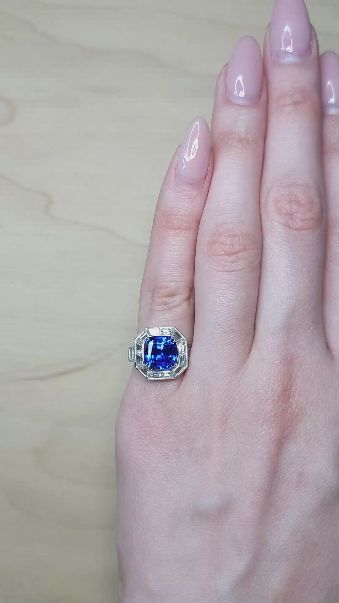 4.13 Ct. Blue Sapphire and Natural Diamond Halo Ring, Platinum 950 Size Video