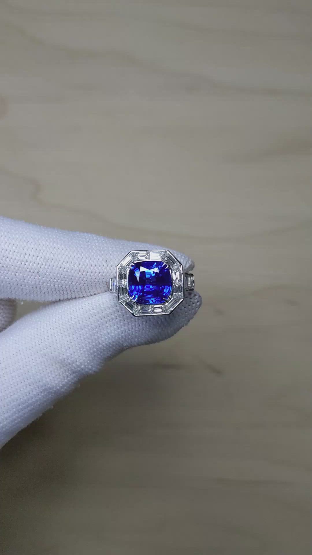 4.13 Ct. Blue Sapphire and Natural Diamond Halo Ring, Platinum 950 Size Video