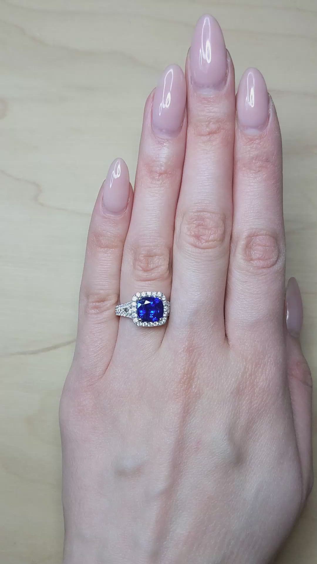 3.76 Ct. Blue Sapphire and Natural Diamond Pave Ring, 18K White Gold Size Video