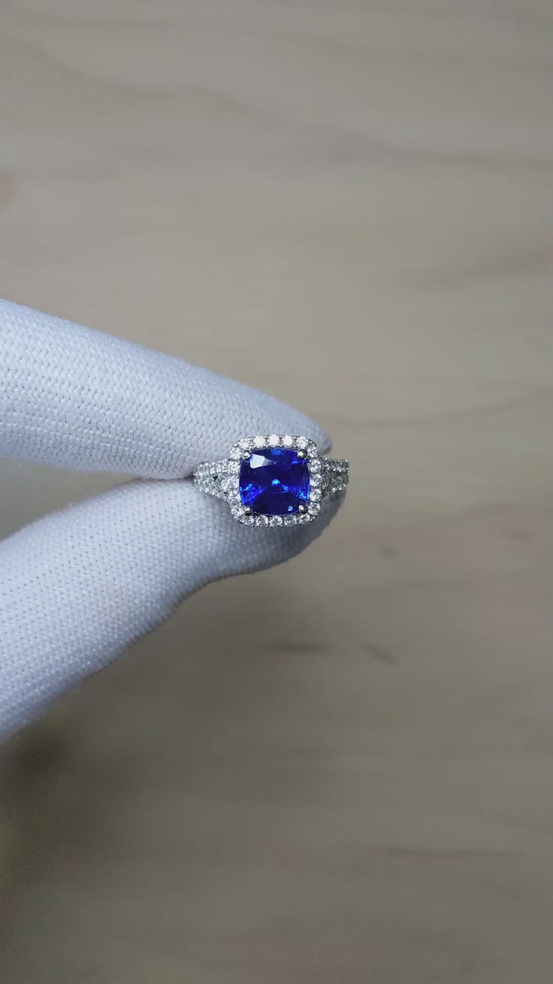 3.76 Ct. Blue Sapphire and Natural Diamond Pave Ring, 18K White Gold Size Video