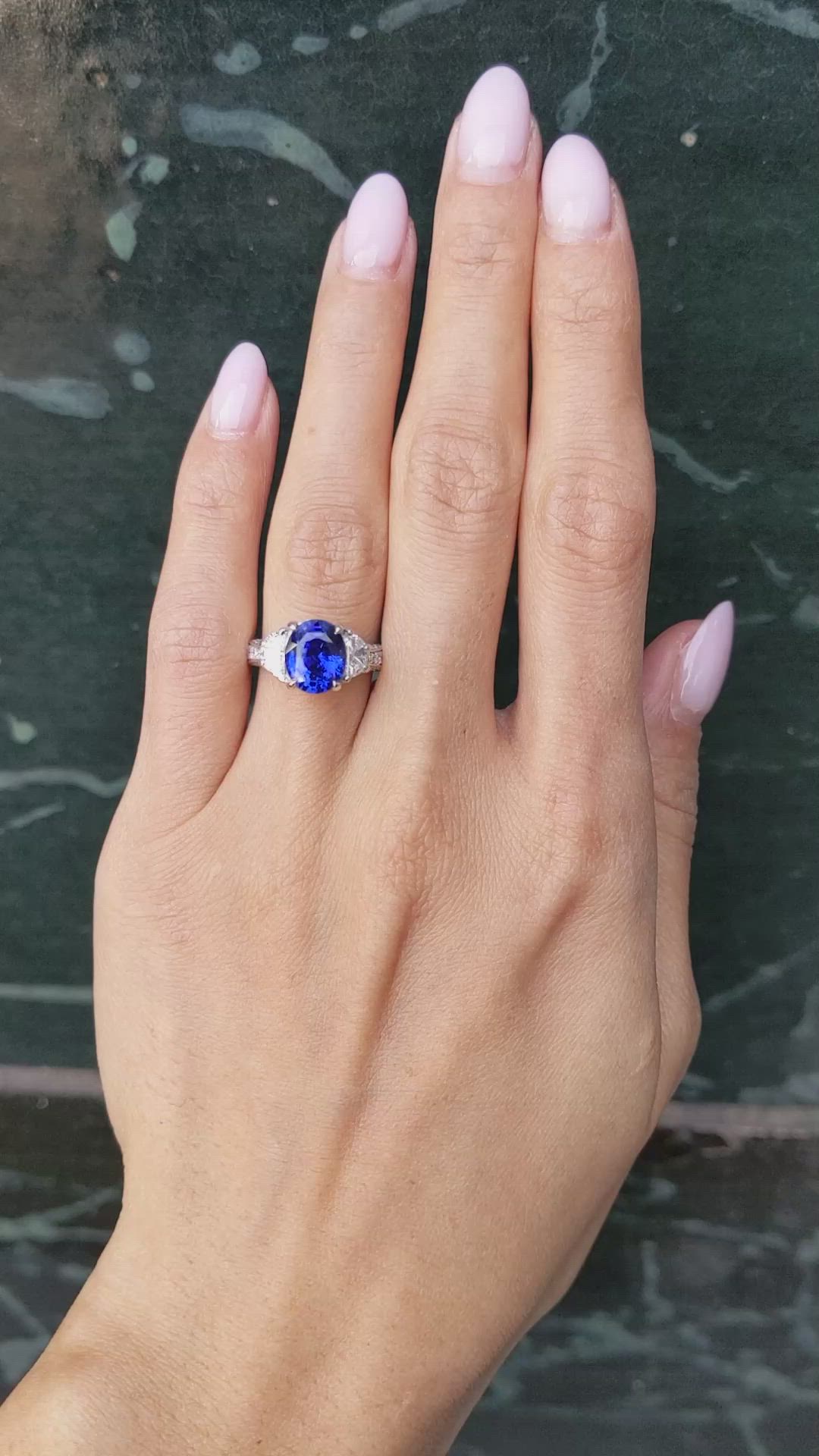 3.46 Ct. Blue Sapphire and Natural Diamond Three Stone Ring, Platinum 950 Size Video