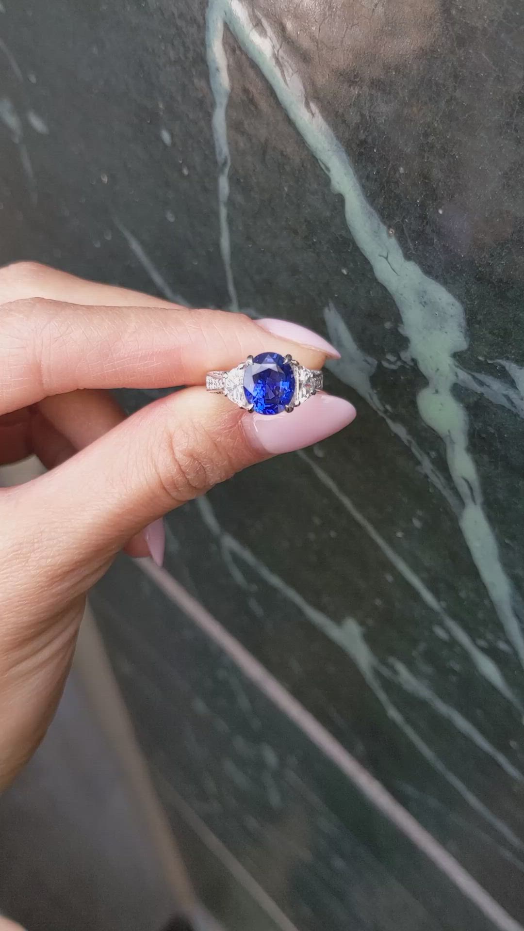 3.46 Ct. Blue Sapphire and Natural Diamond Three Stone Ring, Platinum 950 Size Video