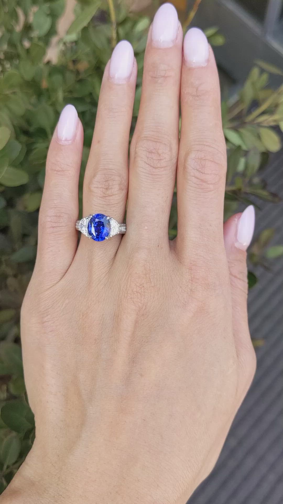 3.46 Ct. Blue Sapphire and Natural Diamond Three Stone Ring, Platinum 950 Size Video