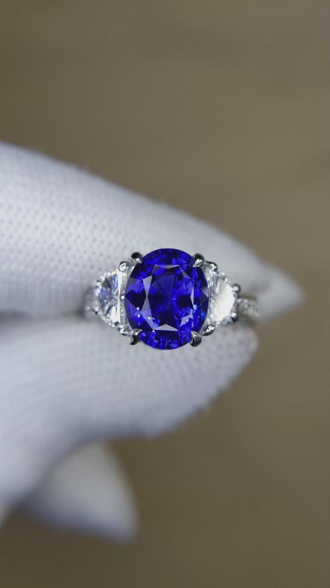 3.46 Ct. Blue Sapphire and Natural Diamond Three Stone Ring, Platinum 950 Size Video