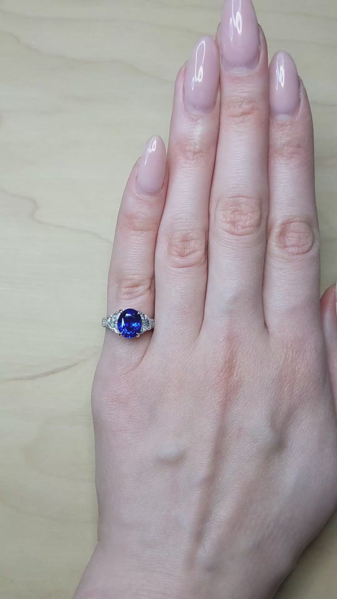 3.46 Ct. Blue Sapphire and Natural Diamond Three Stone Ring, Platinum 950 Size Video