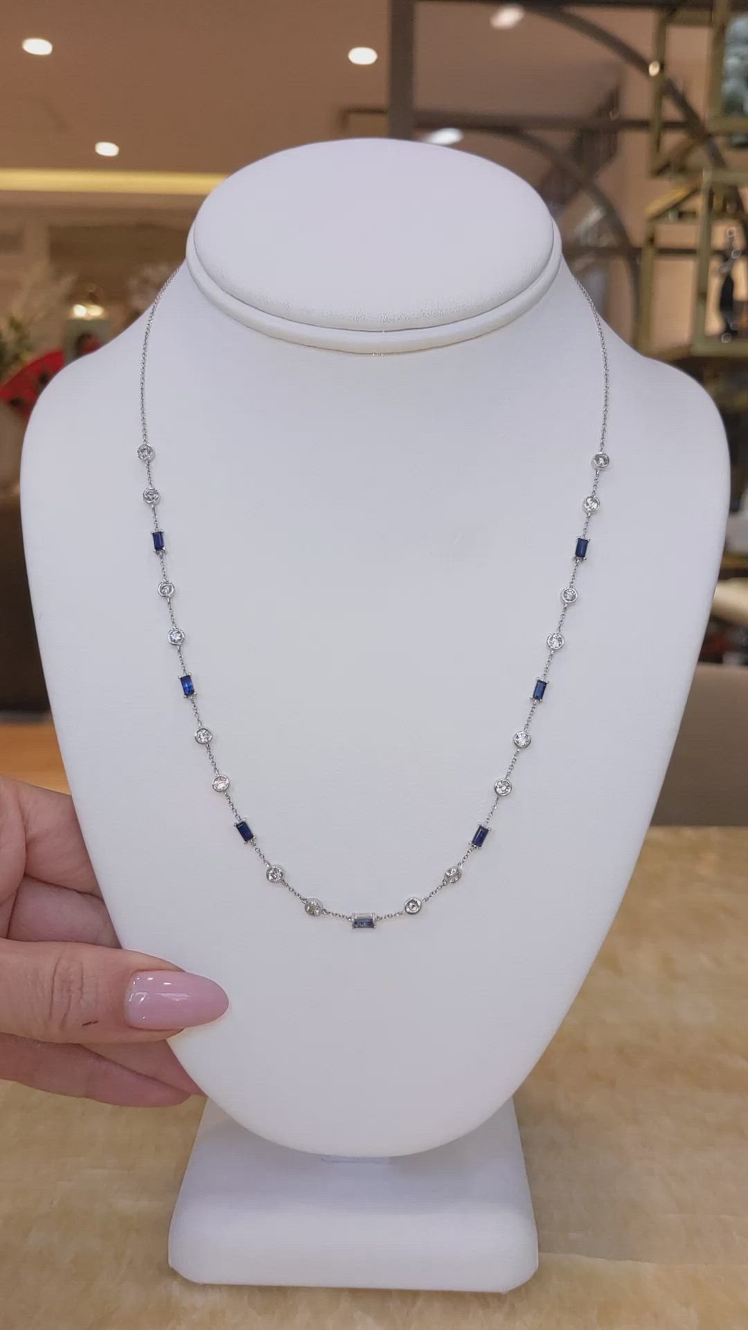 1.46 Ct. Blue Sapphire and Natural Diamond Bezel Necklace, 14K White Gold Size Video