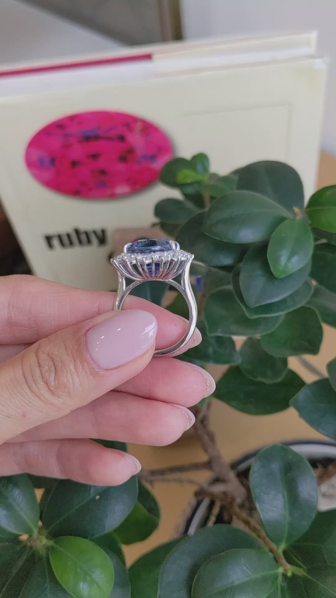 16.45 Ct. Blue Sapphire and Natural Diamond Pave Ring, 18K White Gold Size Video