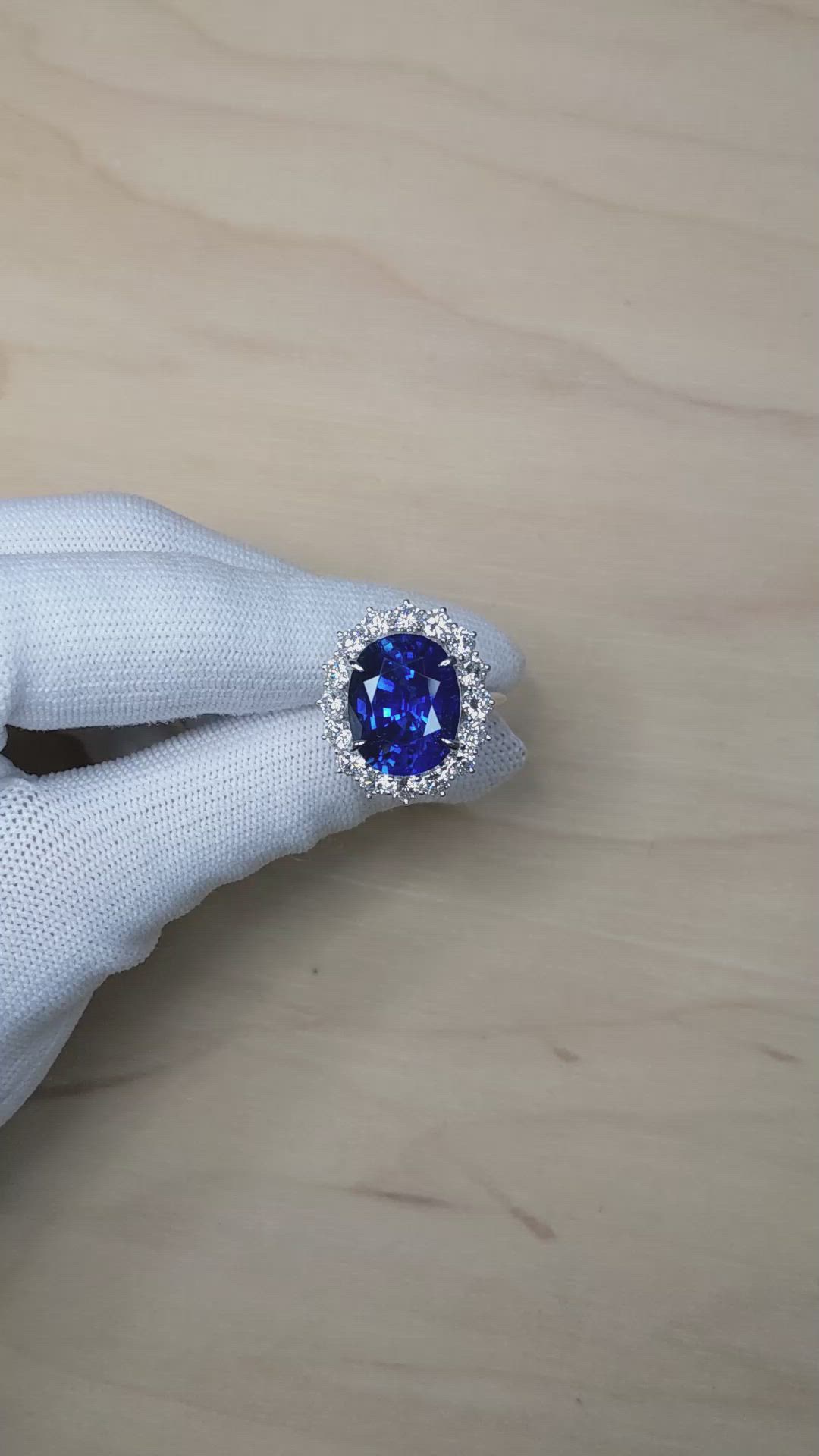 16.45 Ct. Blue Sapphire and Natural Diamond Pave Ring, 18K White Gold Size Video