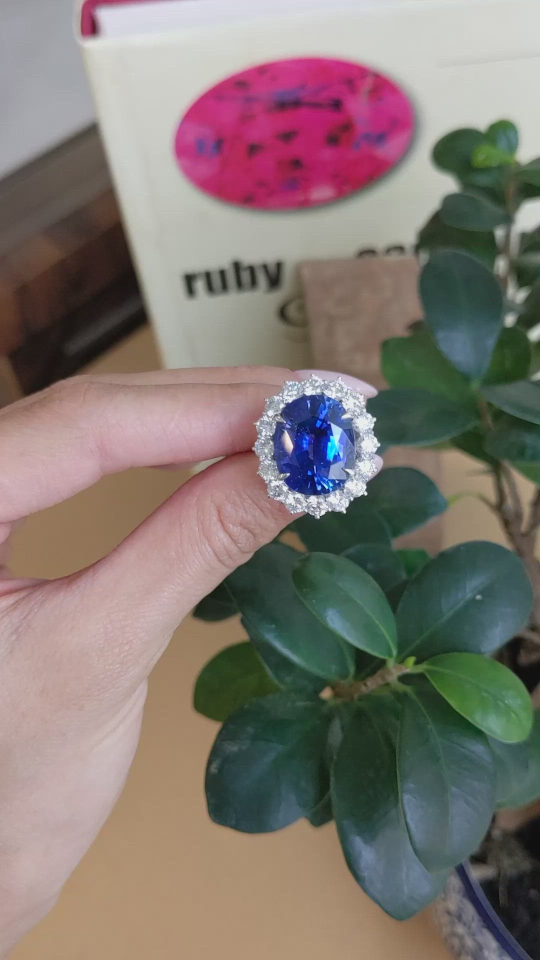 16.45 Ct. Blue Sapphire and Natural Diamond Pave Ring, 18K White Gold Size Video