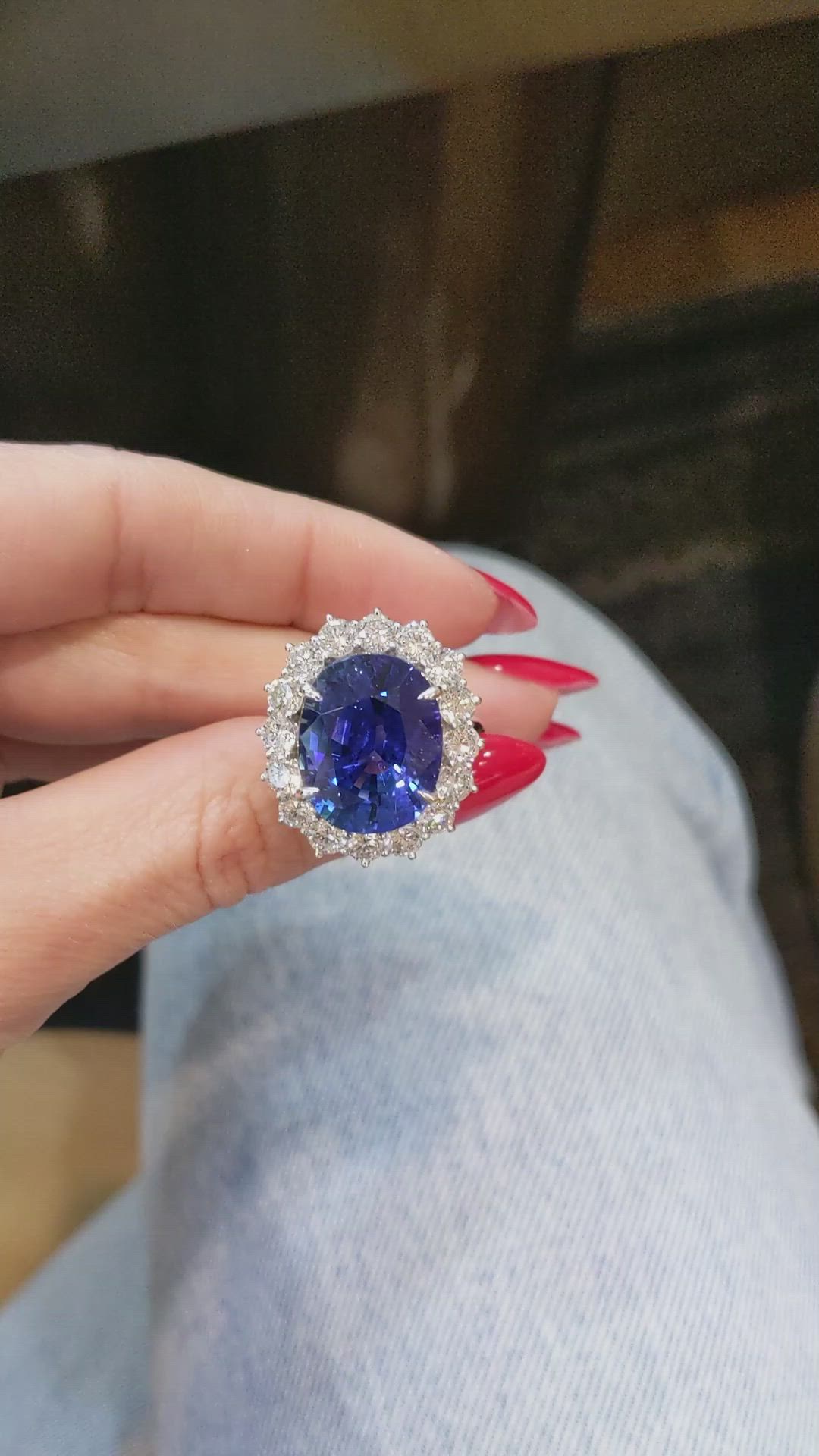 16.45 Ct. Blue Sapphire and Natural Diamond Pave Ring, 18K White Gold Size Video