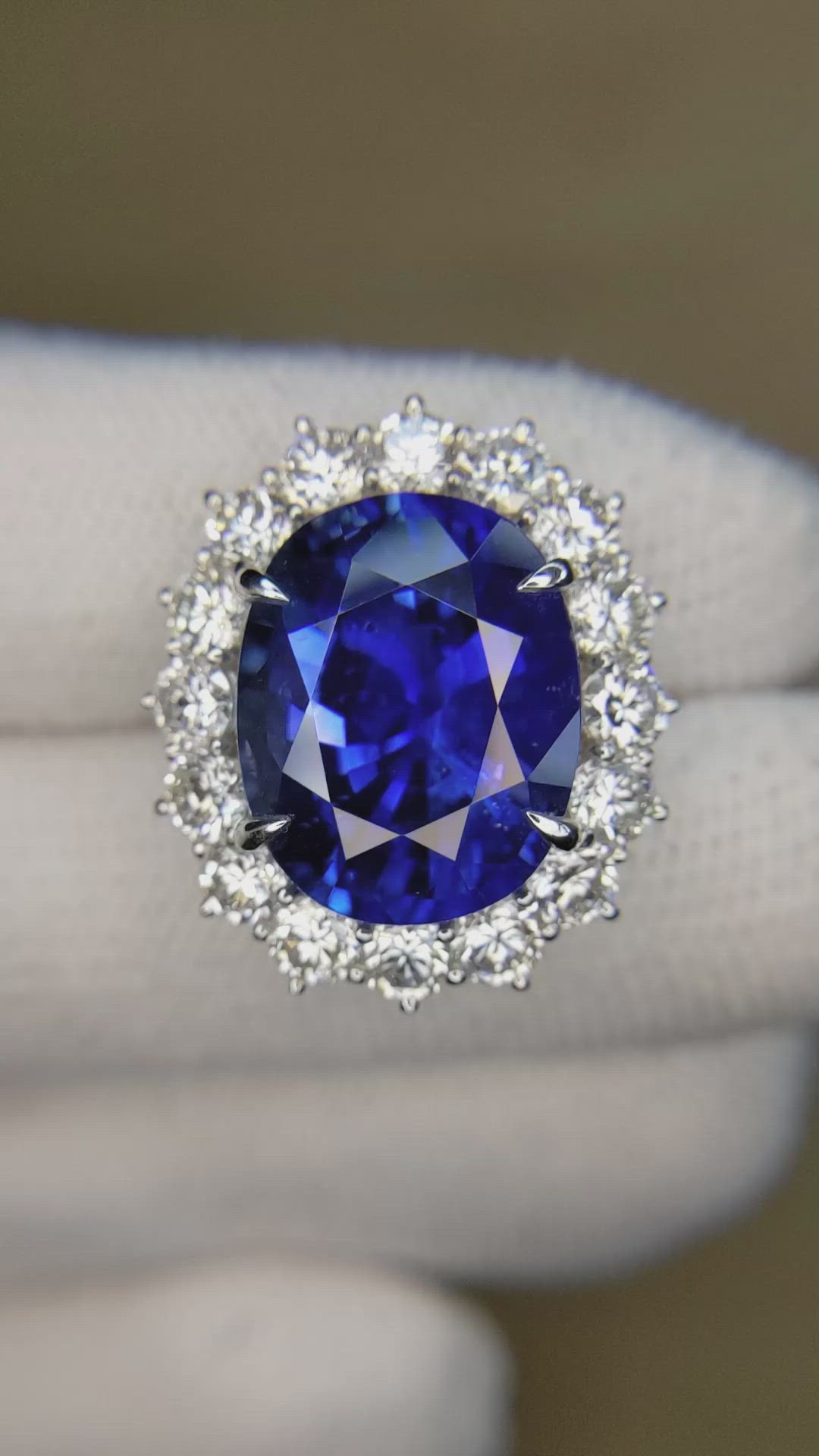 16.45 Ct. Blue Sapphire and Natural Diamond Pave Ring, 18K White Gold Size Video