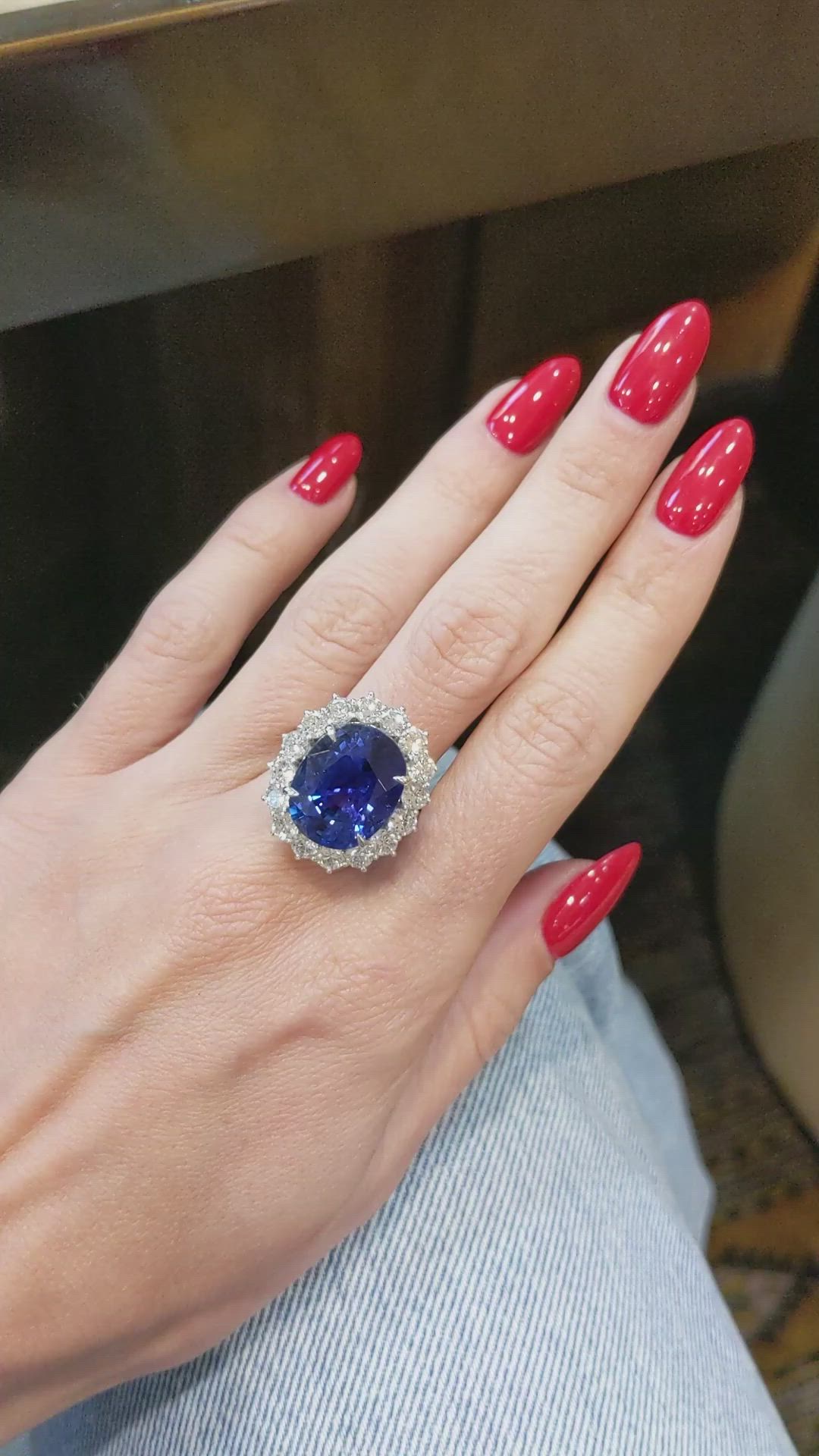 16.45 Ct. Blue Sapphire and Natural Diamond Pave Ring, 18K White Gold Size Video