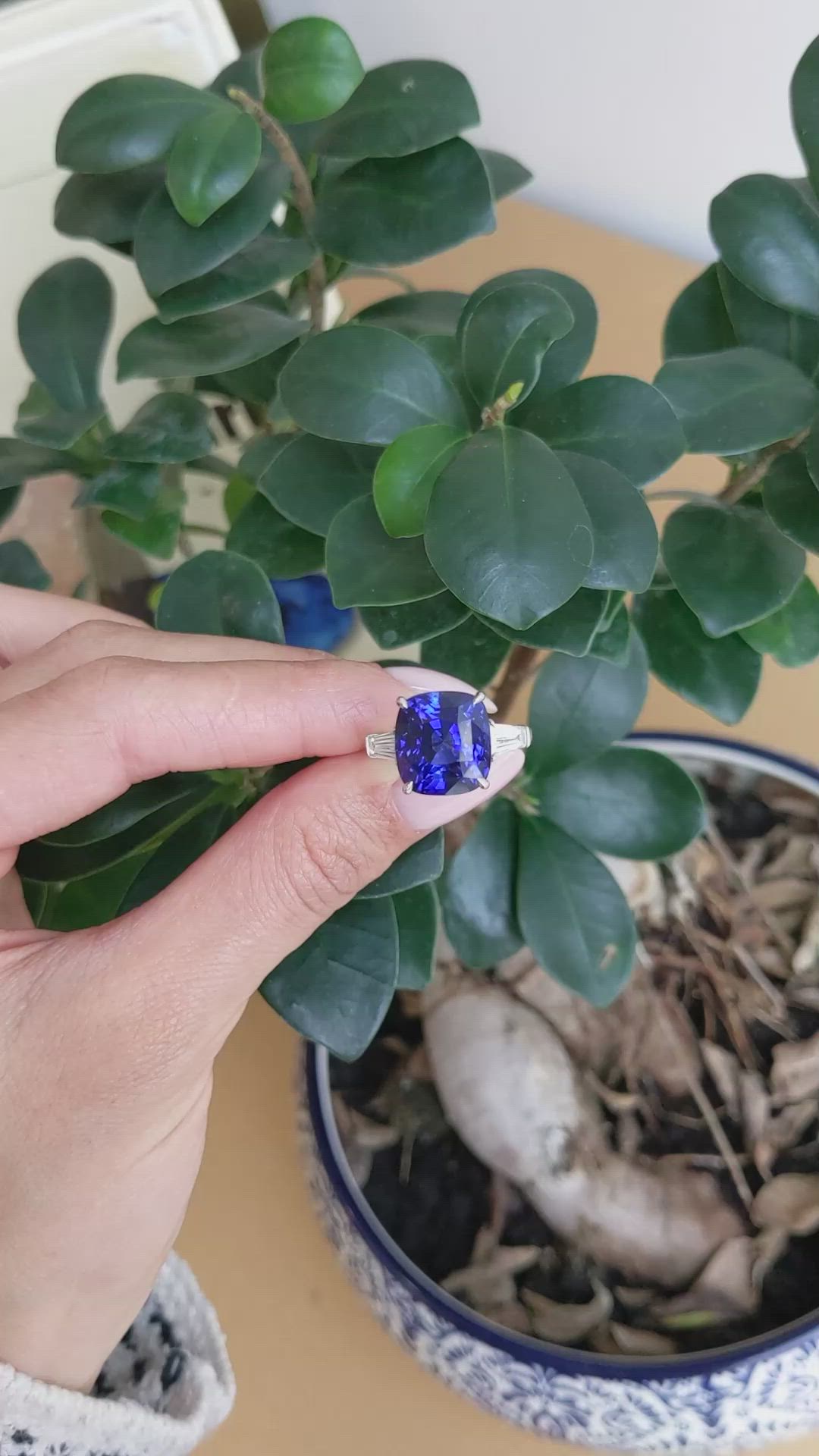 12.04 Ct. Blue Sapphire and Natural Diamond Three Stone Ring, Platinum 950 Size Video