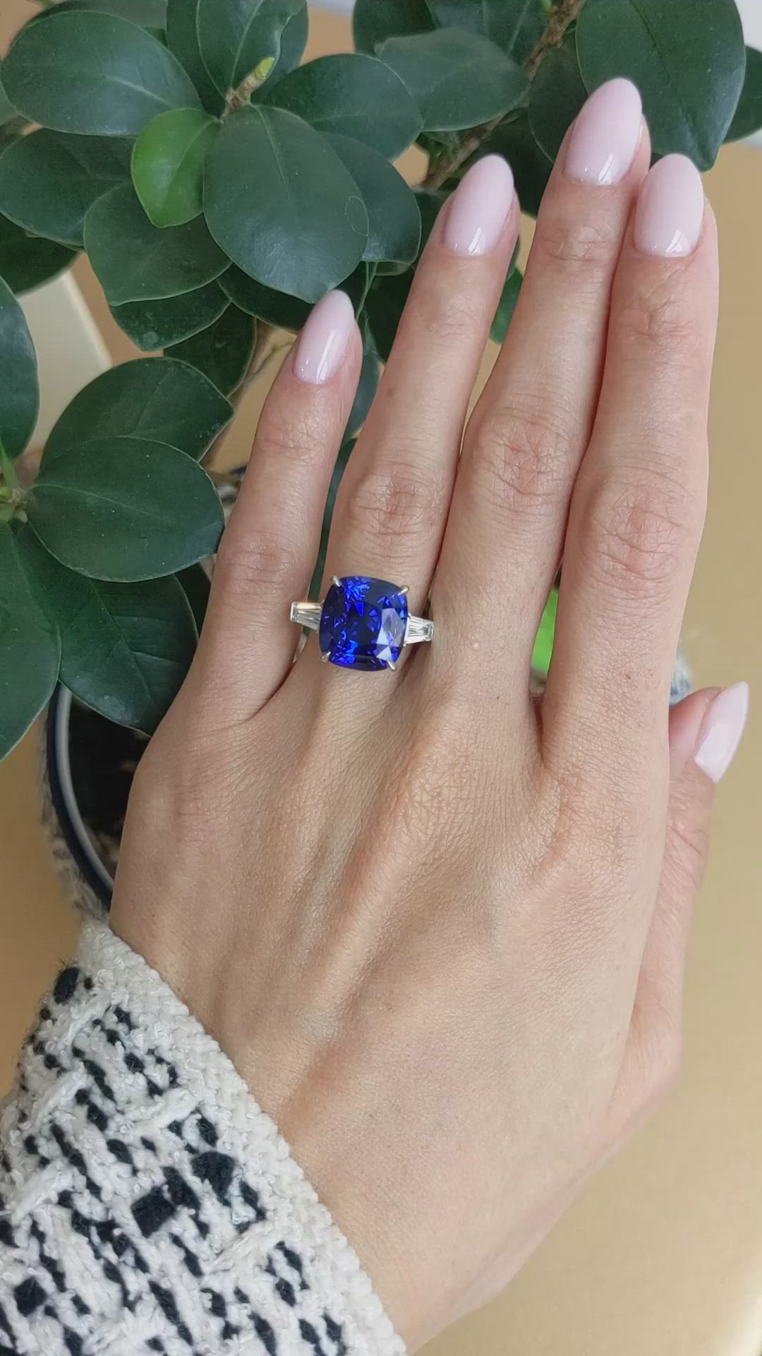 12.04 Ct. Blue Sapphire and Natural Diamond Three Stone Ring, Platinum 950 Size Video