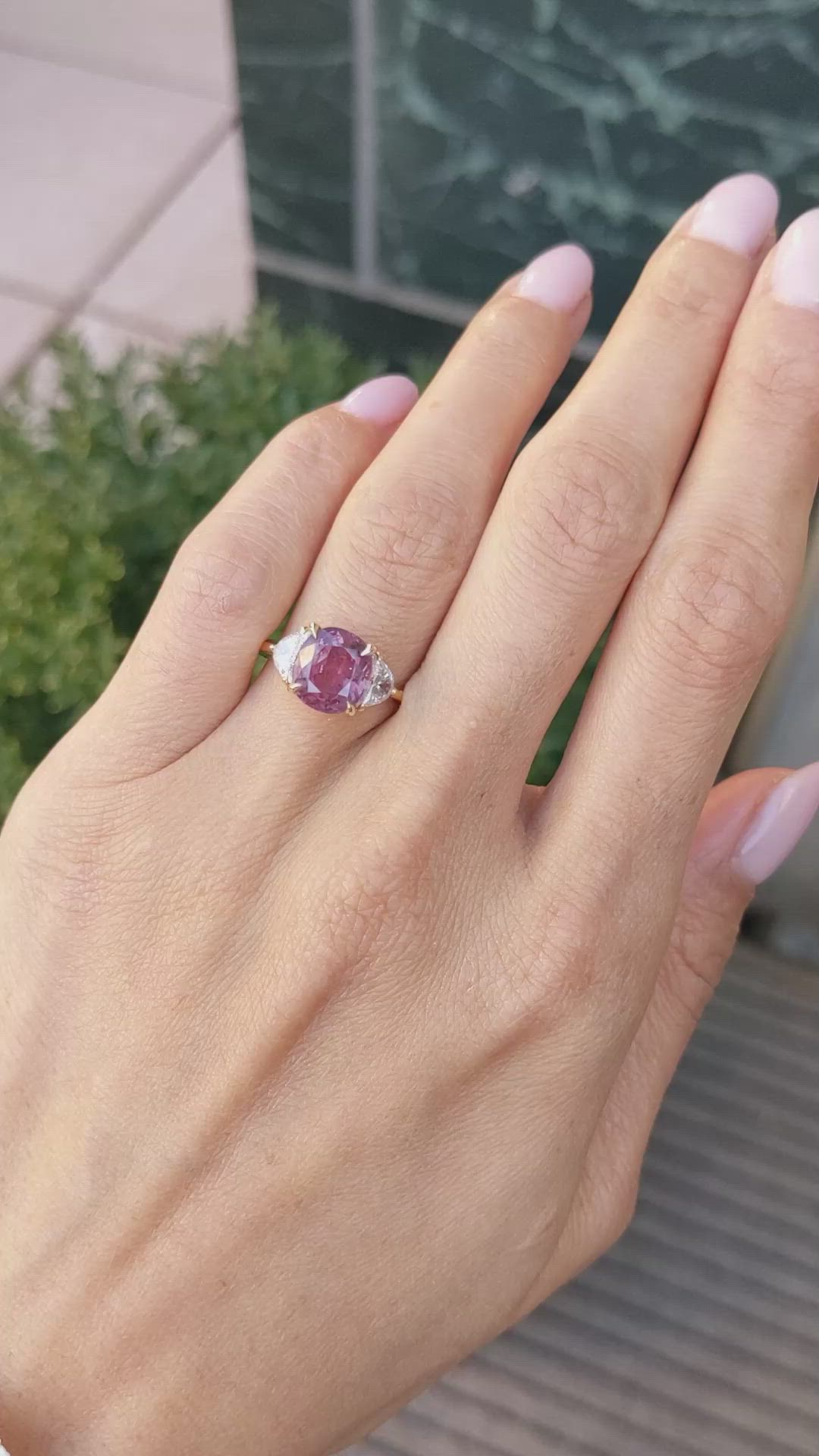 3.13 Ct. Pink Sapphire and Natural Diamond Three Stone Ring, 14K Yellow Gold Size Video