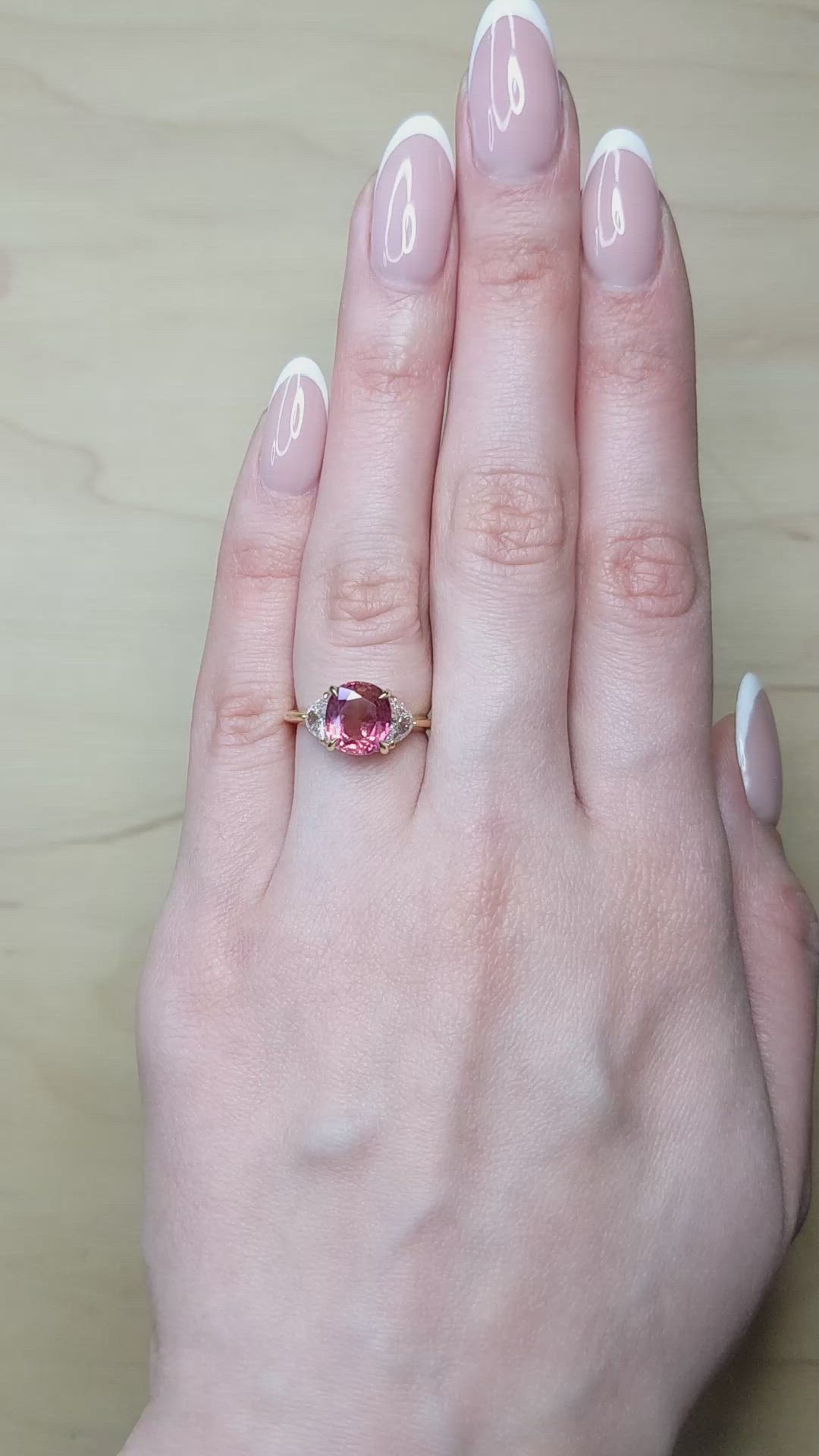 3.13 Ct. Pink Sapphire and Natural Diamond Three Stone Ring, 14K Yellow Gold Size Video