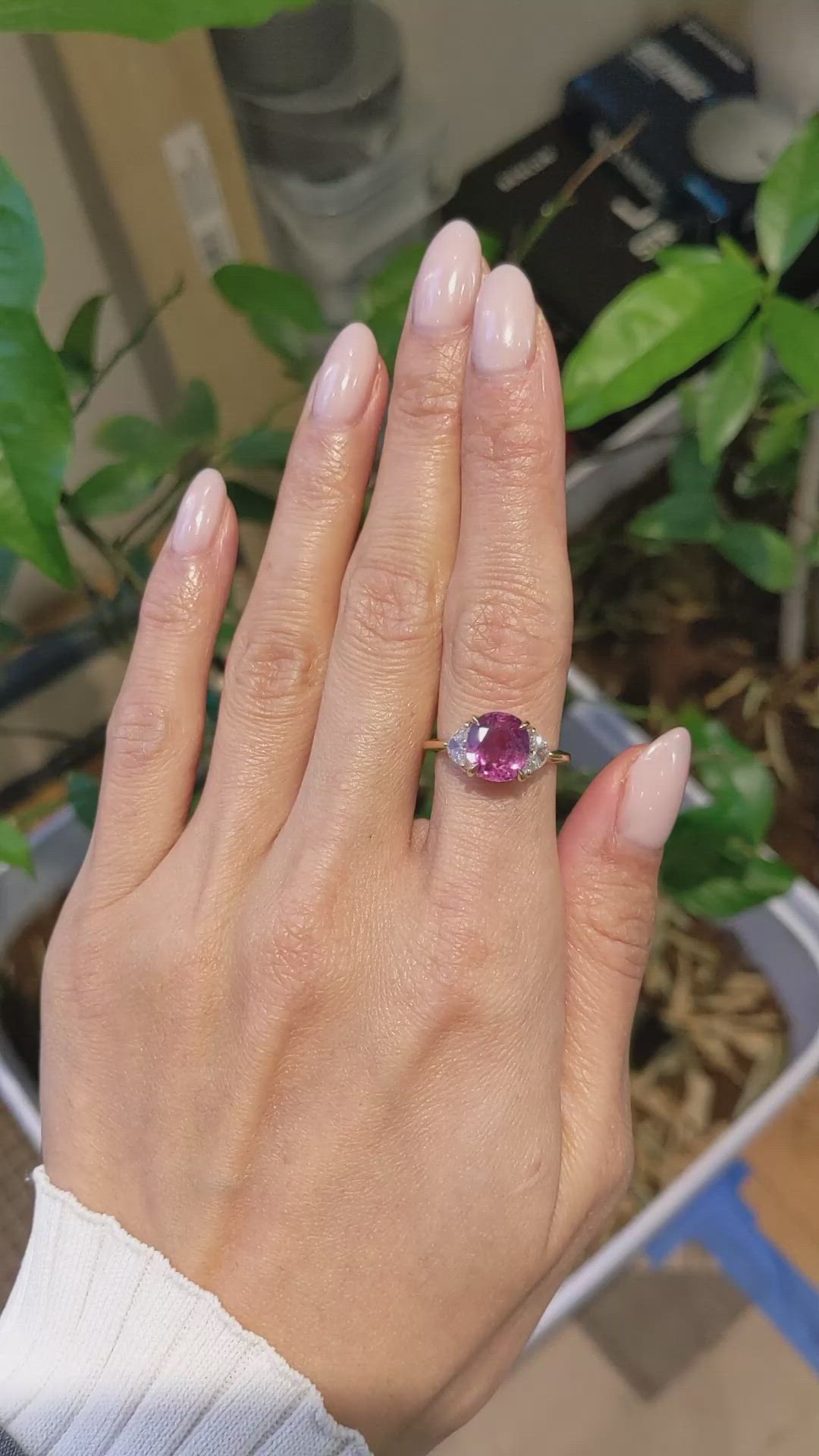 3.13 Ct. Pink Sapphire and Natural Diamond Three Stone Ring, 14K Yellow Gold Size Video