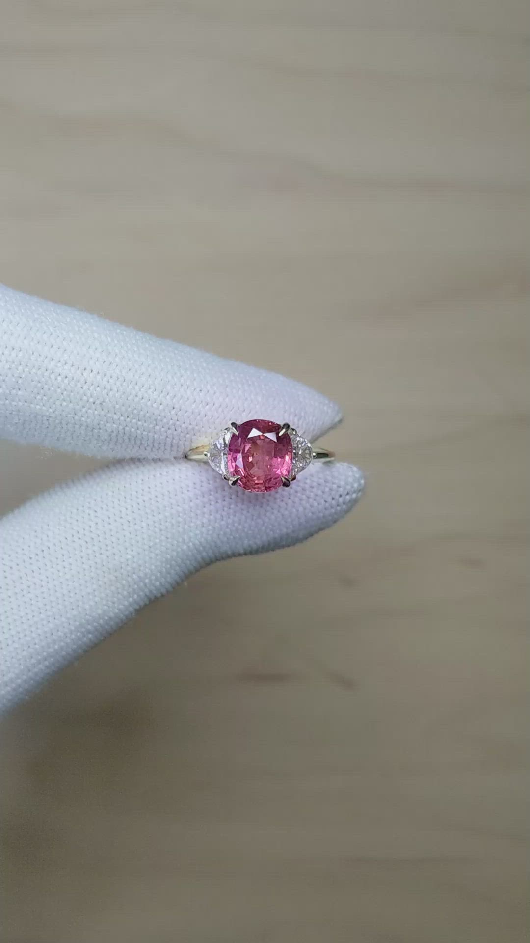 3.13 Ct. Pink Sapphire and Natural Diamond Three Stone Ring, 14K Yellow Gold Size Video