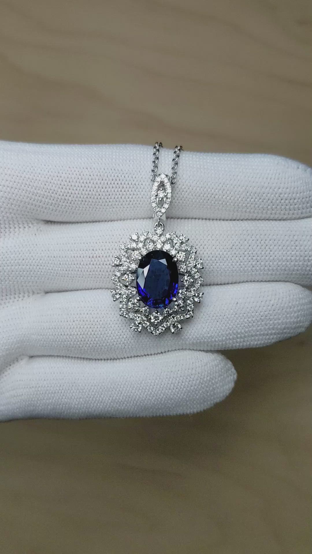 6.30 Ct. Blue Sapphire and Natural Diamond Pave Pendant, 18K White Gold Size Video