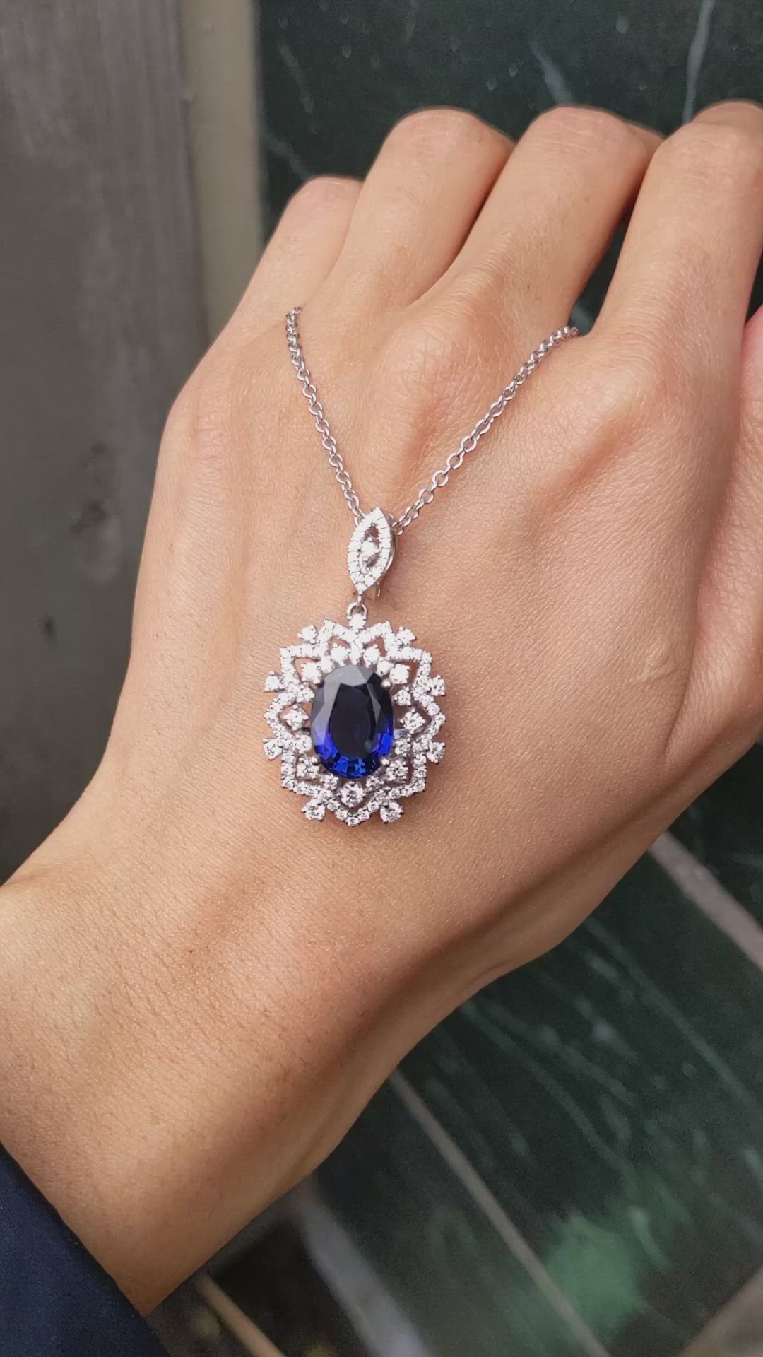 6.30 Ct. Blue Sapphire and Natural Diamond Pave Pendant, 18K White Gold Size Video