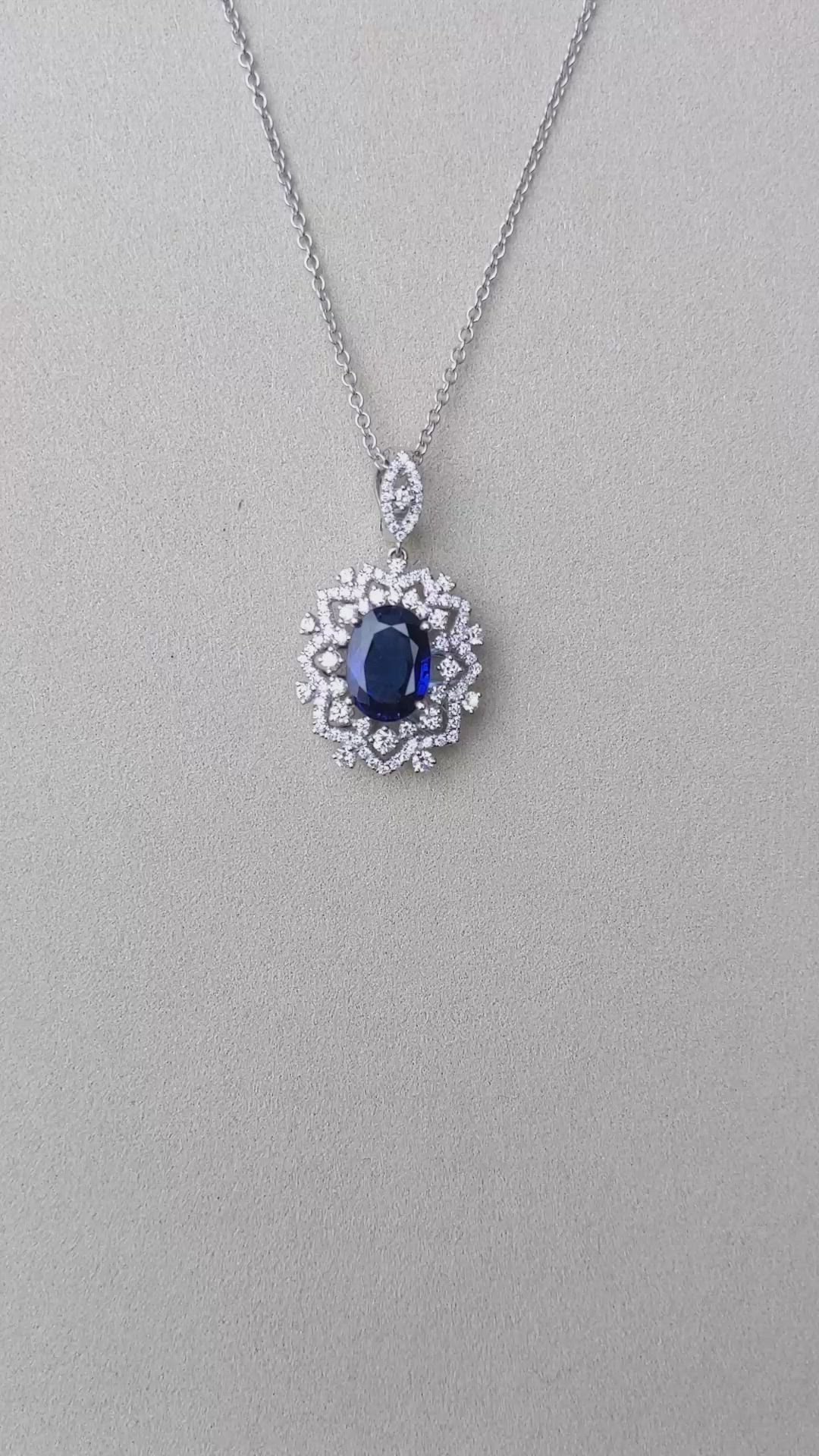 6.30 Ct. Blue Sapphire and Natural Diamond Pave Pendant, 18K White Gold Size Video